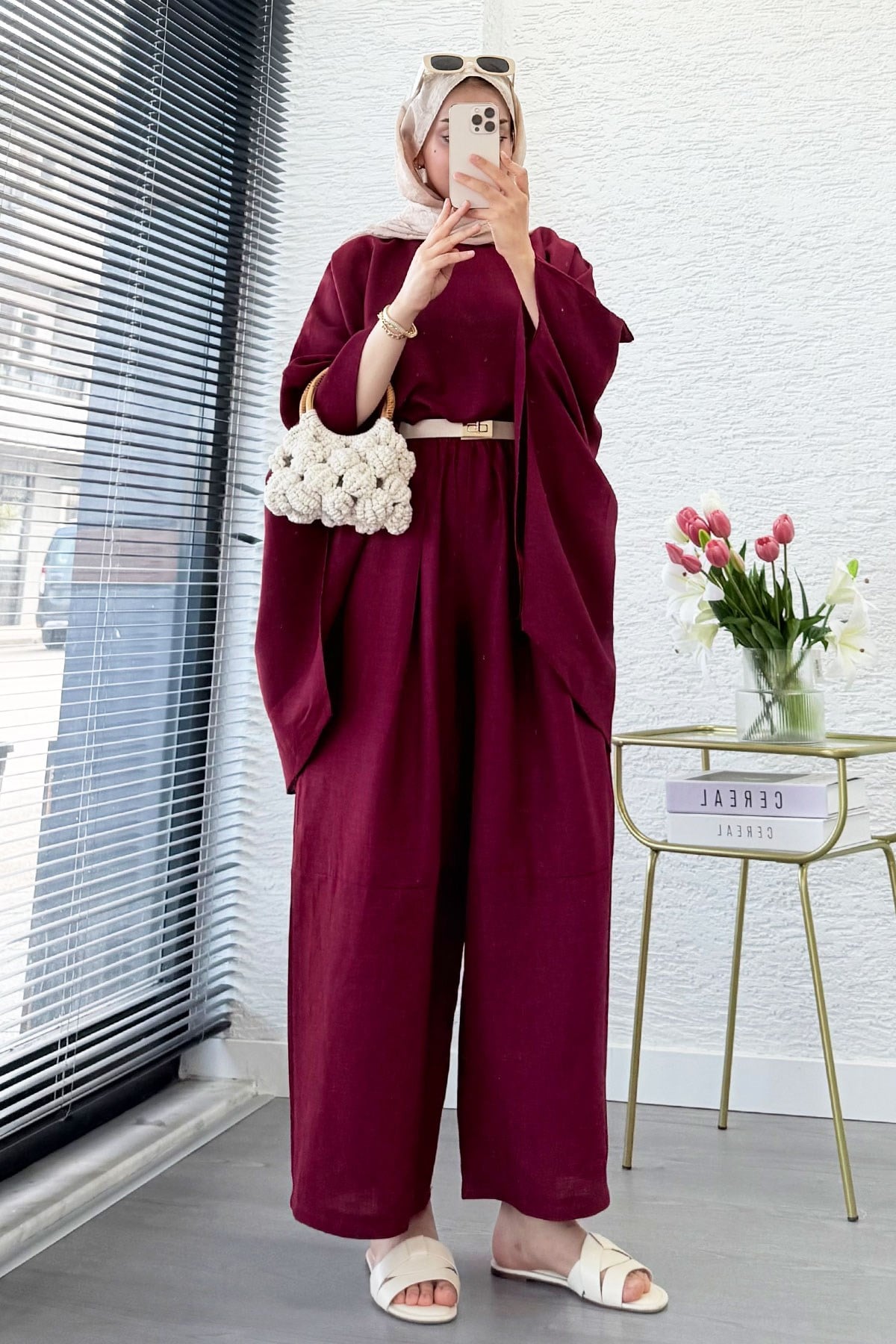 Premium Bella Yarasa Kol Keten Pantolon Takım - Bordo