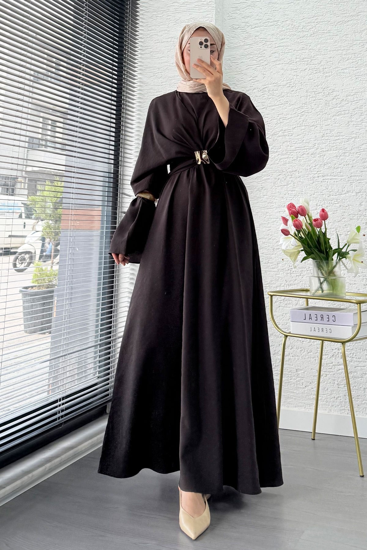 Premium Bronş Detaylı Modal Kimono Elbise - Kahverengi
