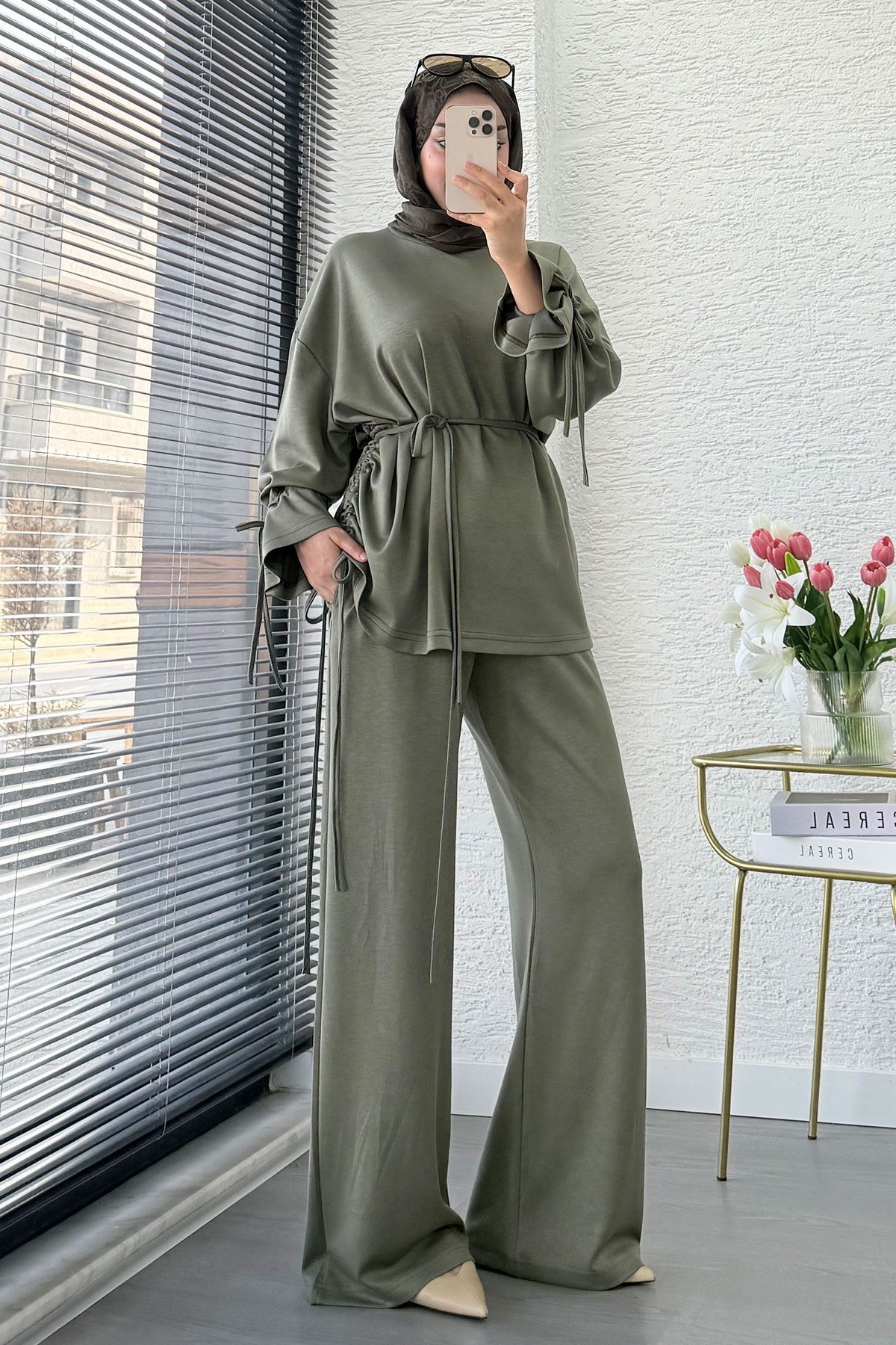 Premium Büzgü Detaylı Double Face Pantolon Takım - Haki