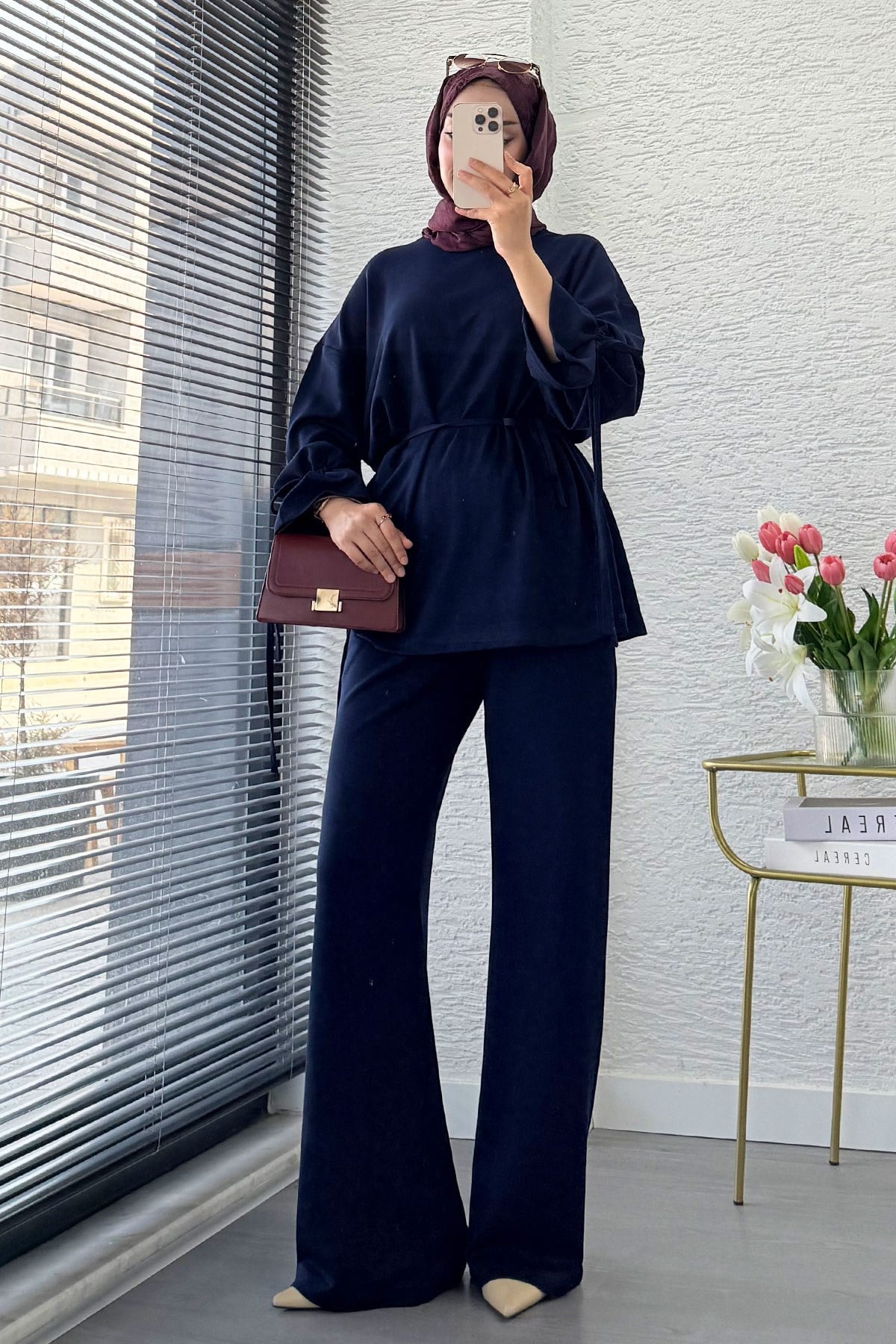 Premium Büzgü Detaylı Double Face Pantolon Takım - Lacivert
