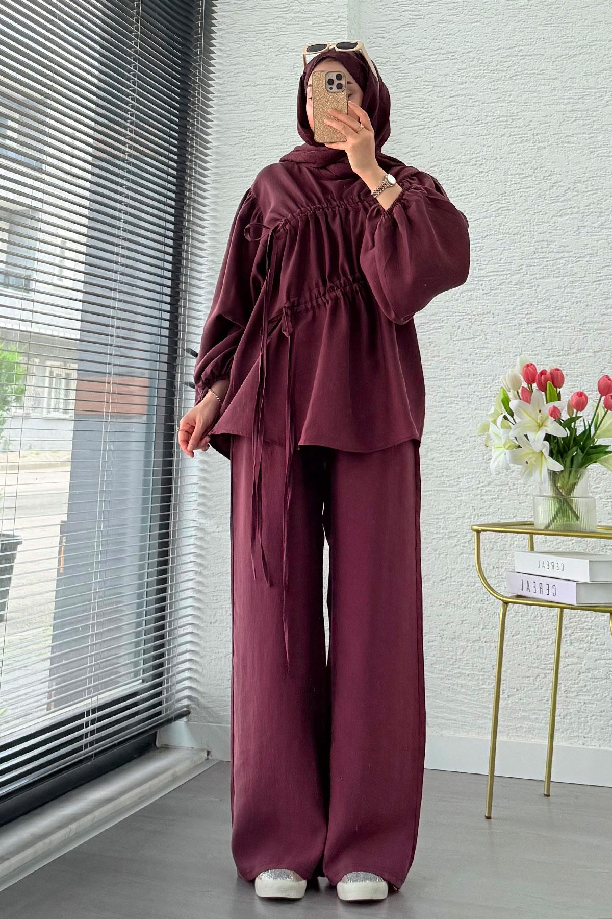 Premium Büzgü Detaylı Modal Takım – Mürdüm