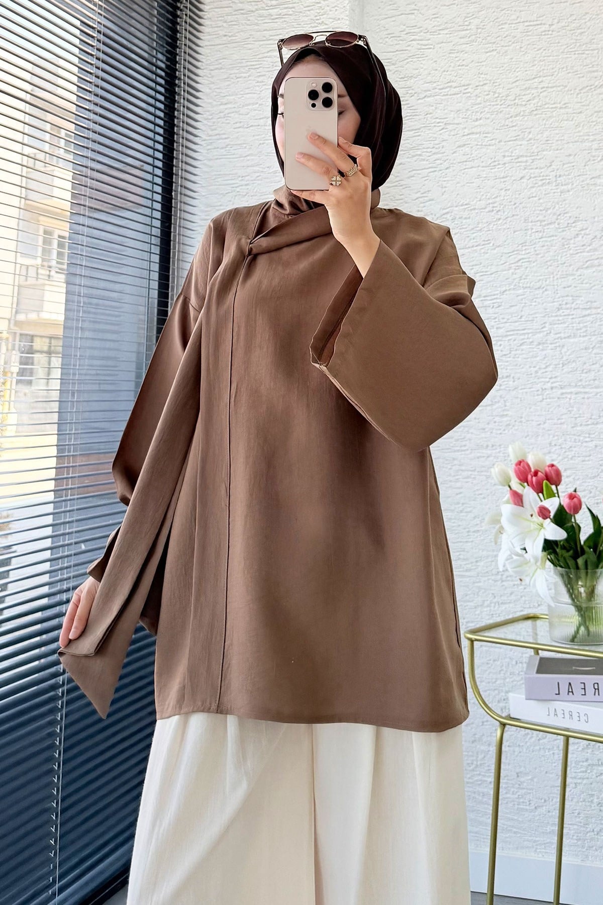 Premıum Çapraz Fular Detaylı Modal Bluz - Camel