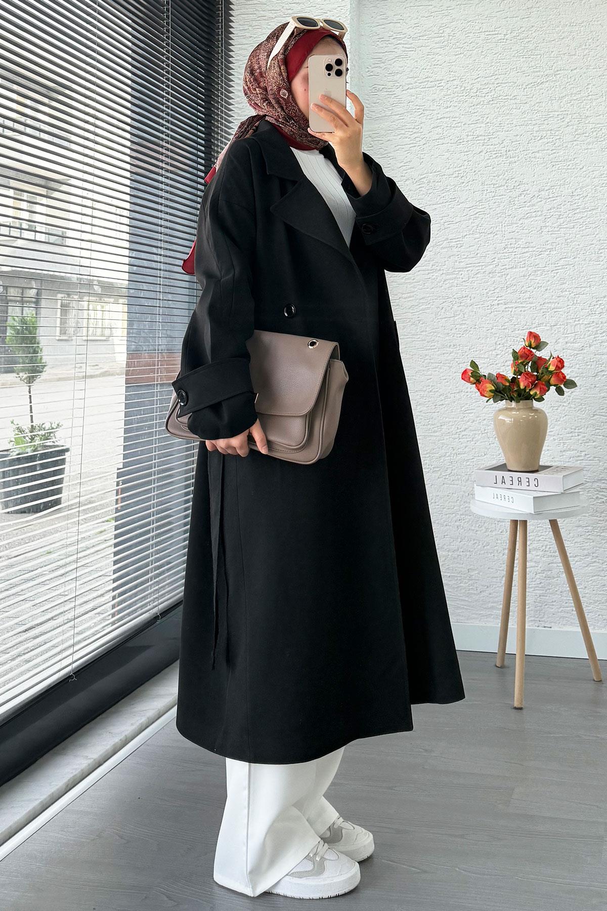 Premium Cepli Oversize Kadın Trençkot – Siyah