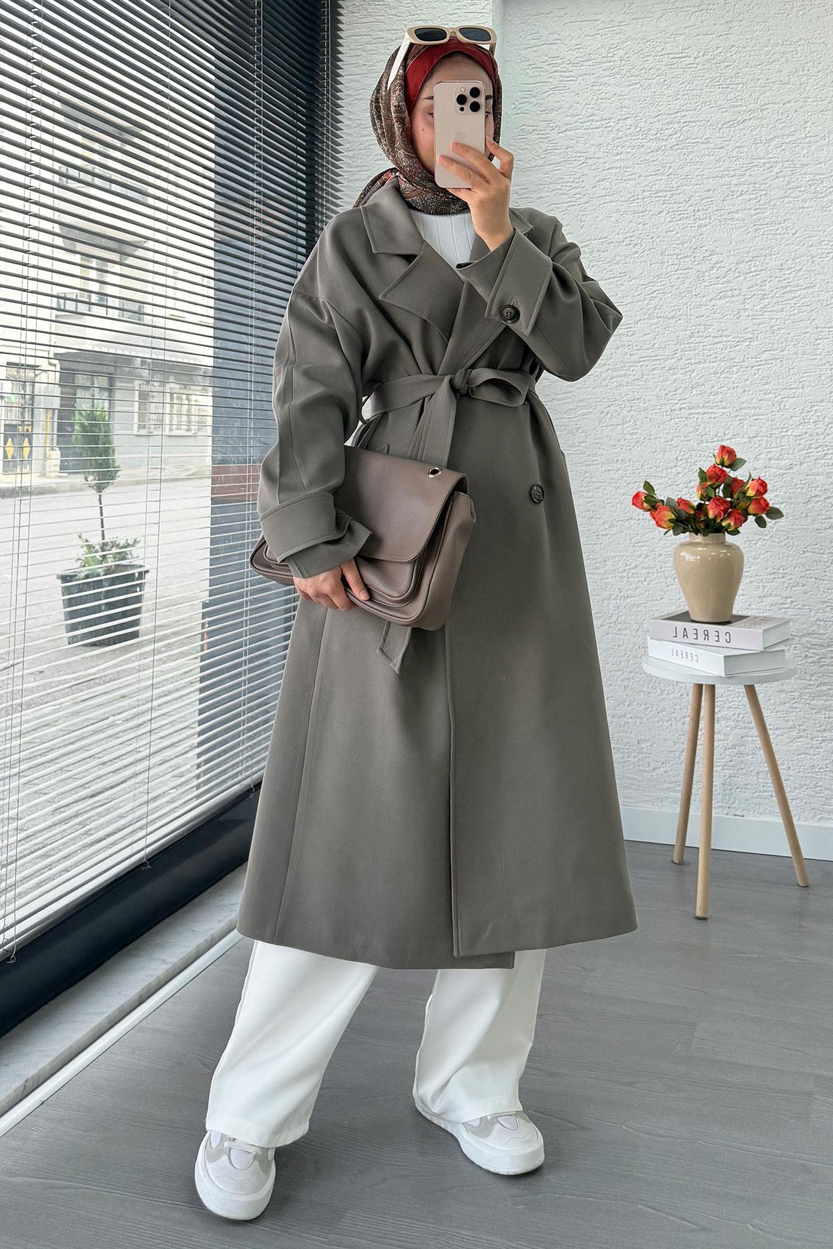 Premium Cepli Oversize Kadın Trençkot – Haki