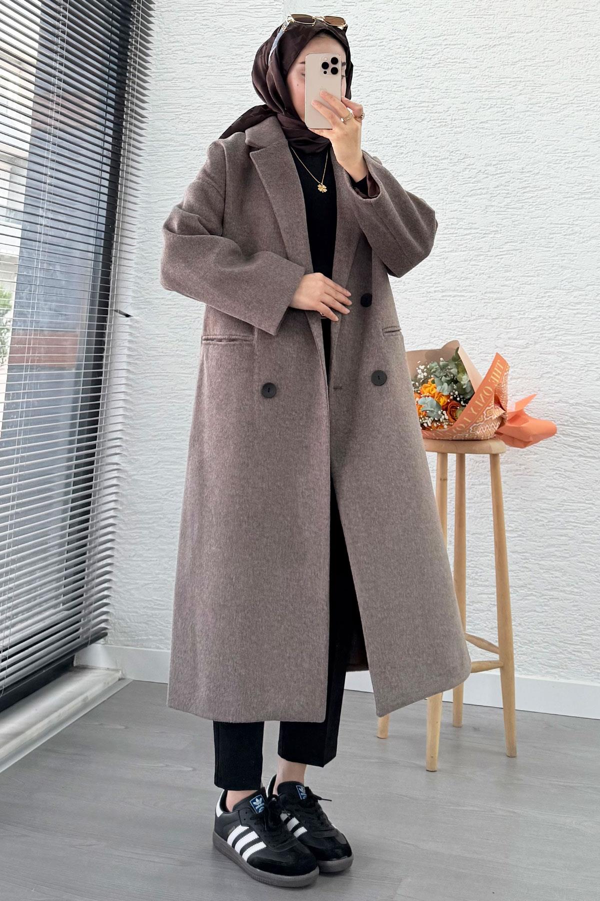 Premium Dört Düğmeli Cepli Oversize Kaşe Kaban - Kahverengi