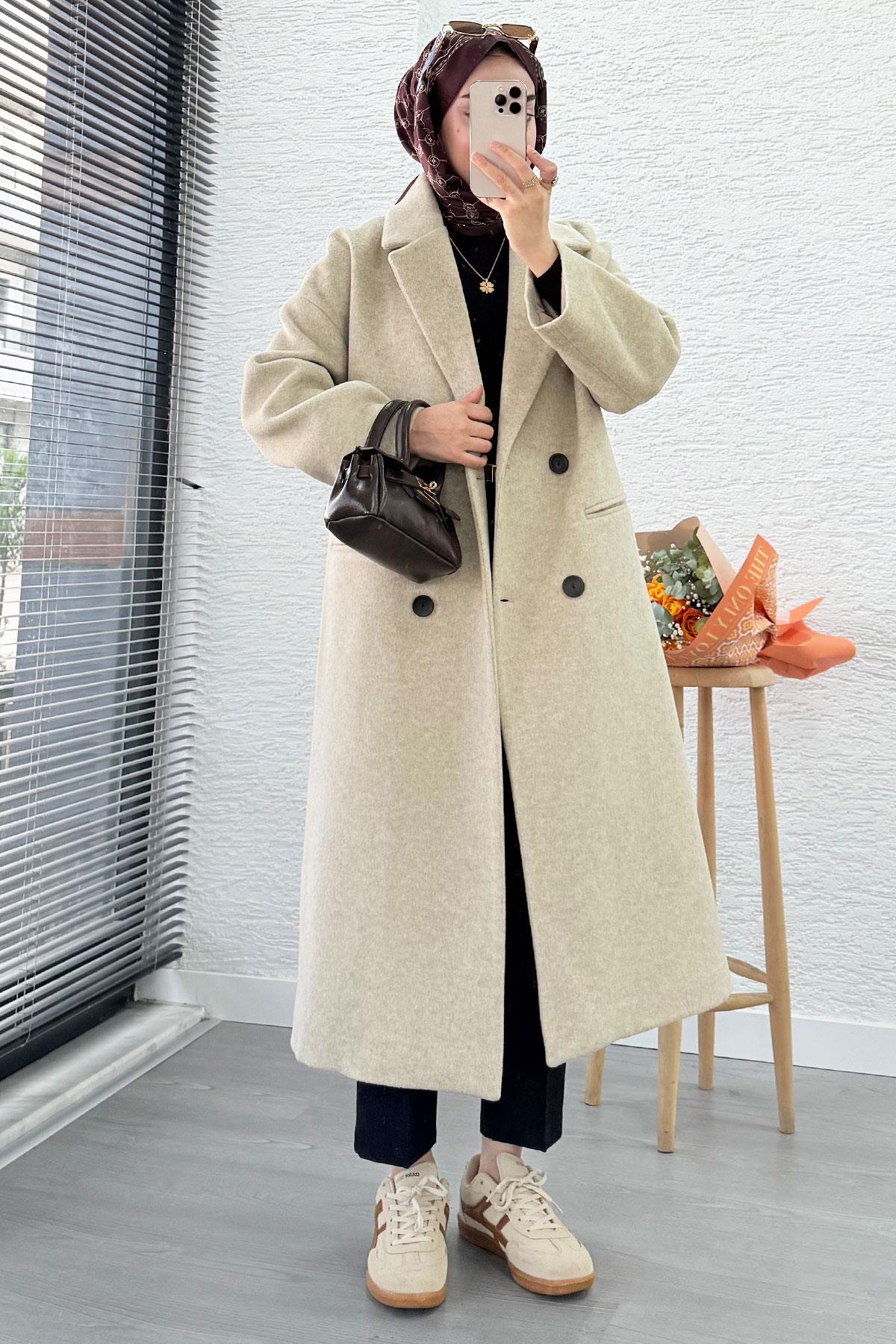 Premium Dört Düğmeli Cepli Oversize Kaşe Kaban - Bej