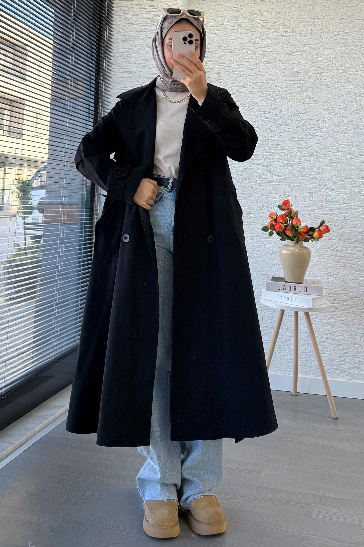 Premium Dört Düğmeli Oversize Kadın Trençkot - Siyah