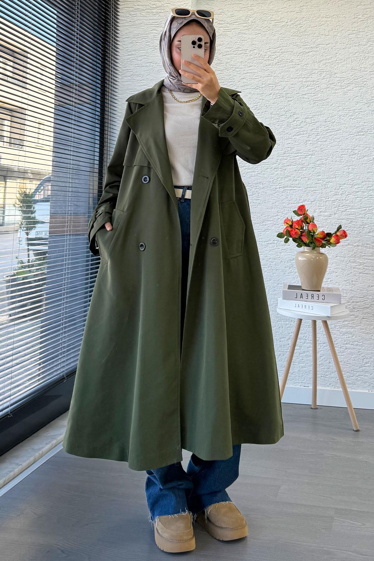Premium Dört Düğmeli Oversize Kadın Trençkot - Haki