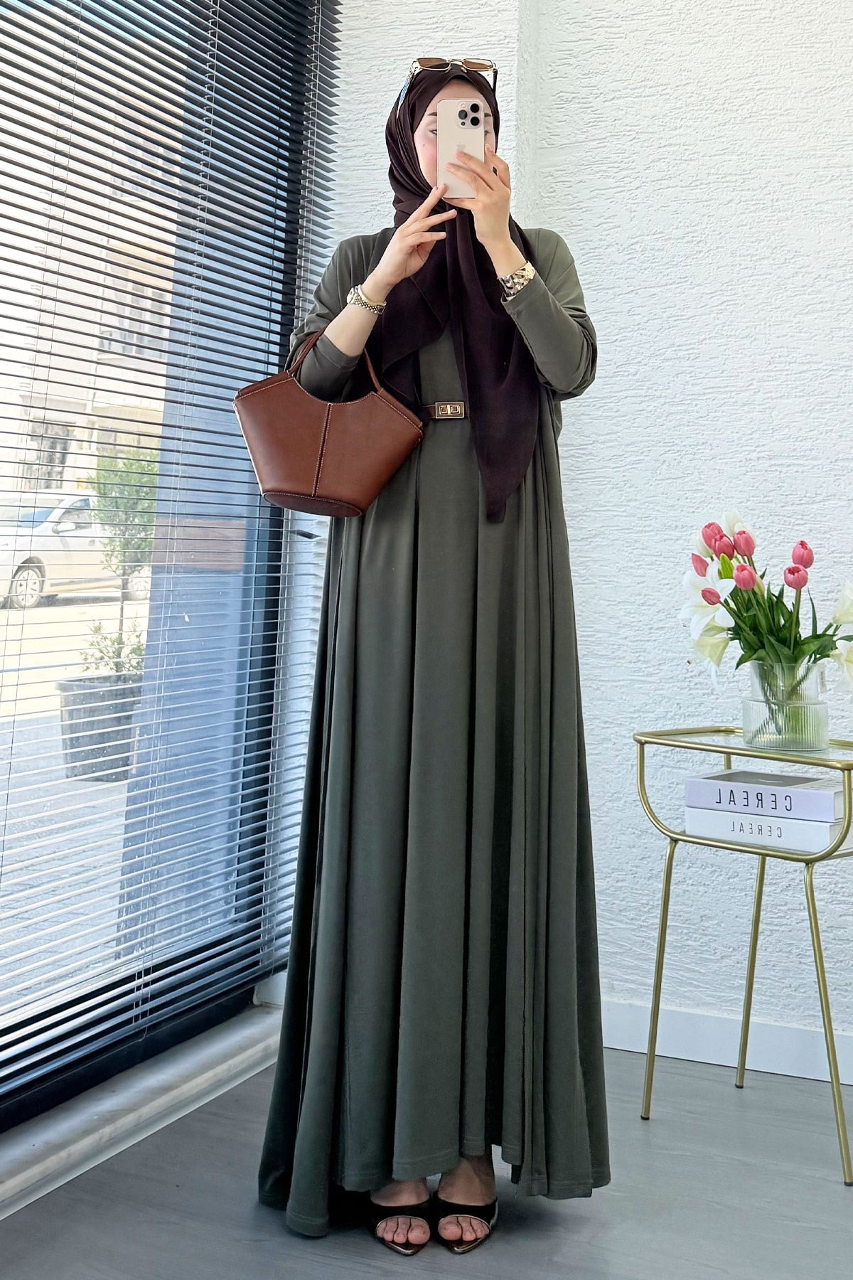Premium Double Face Yarasa Kol İkili Abaya Takım - Haki