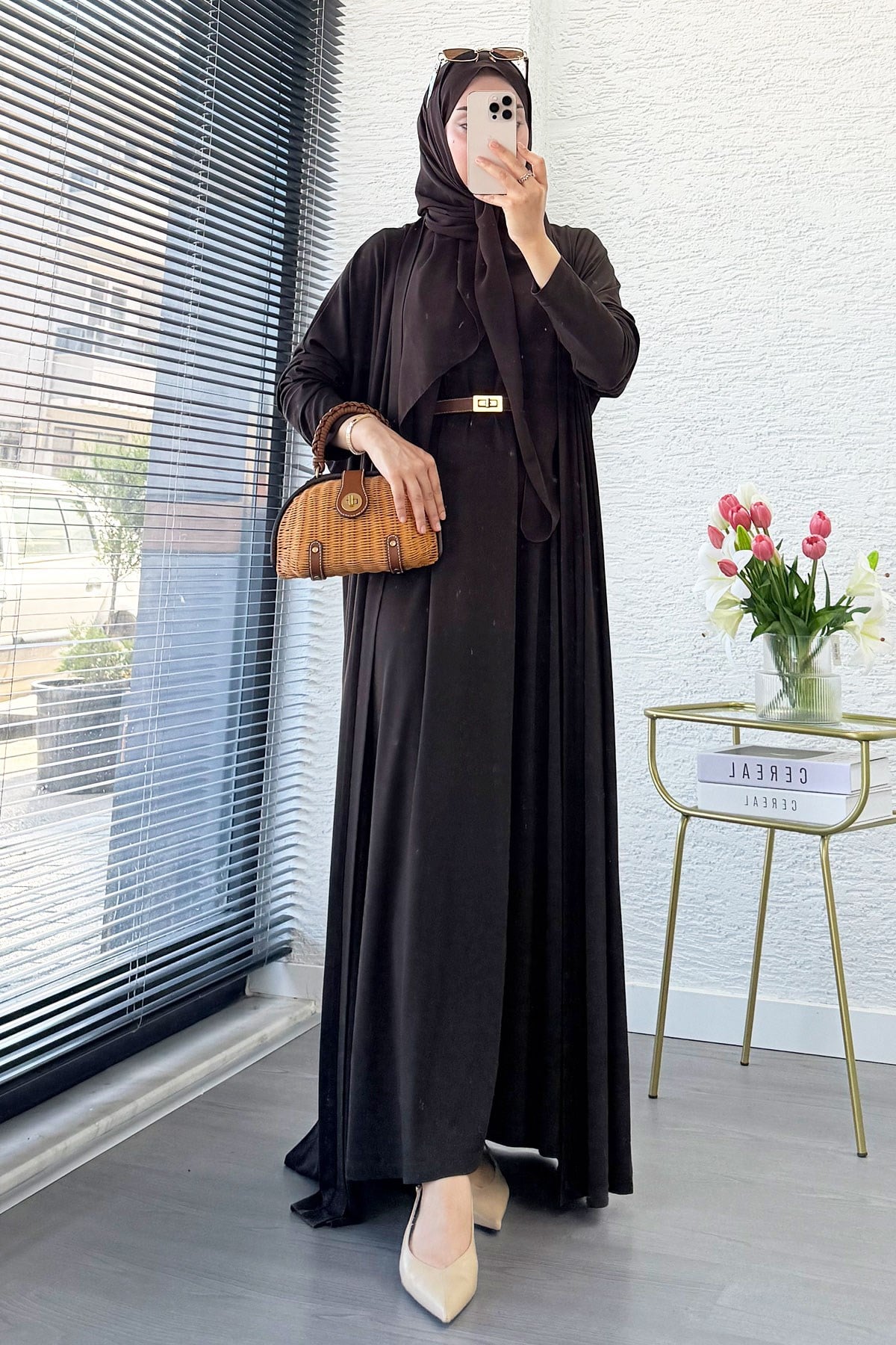 Premium Double Face Yarasa Kol İkili Abaya Takım - Kahverengi