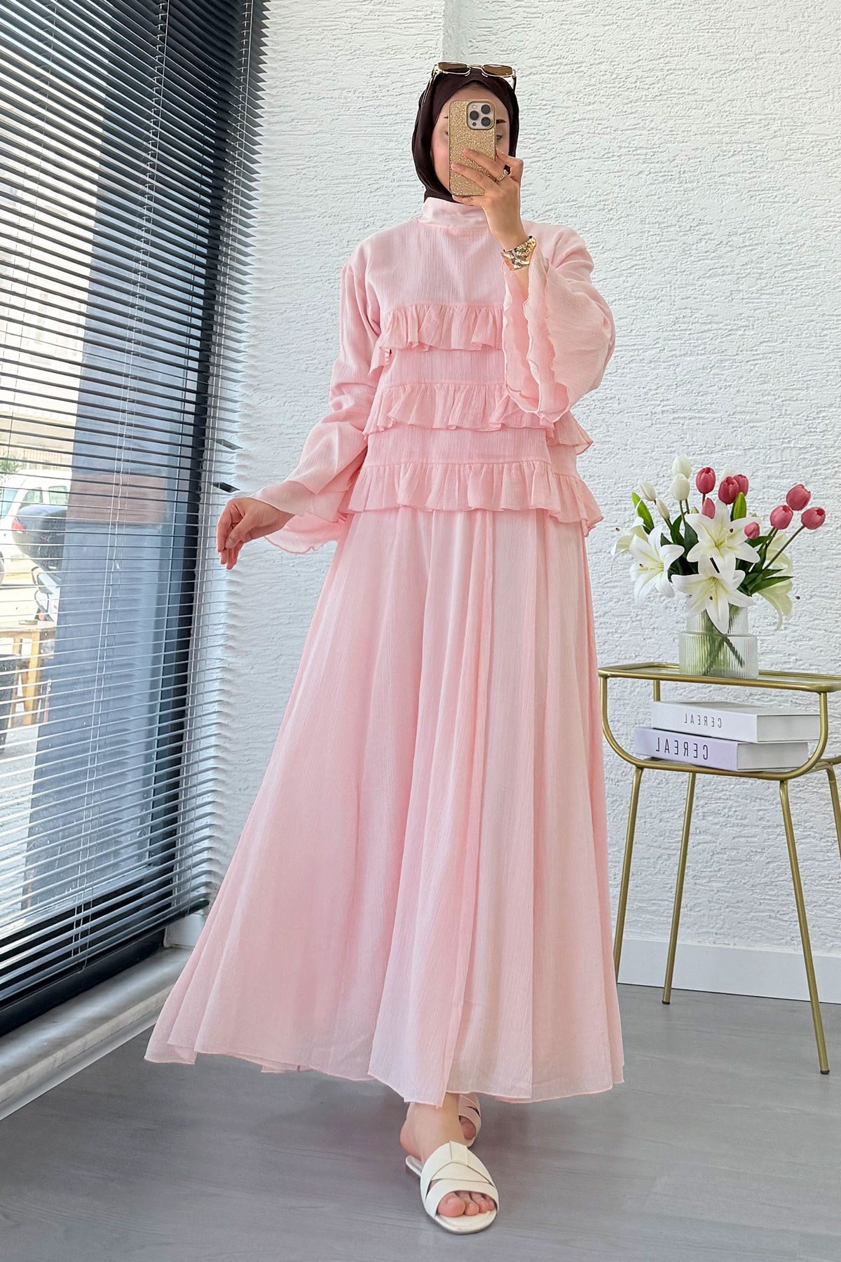 Premium Fırfır Detaylı Siena Müslin Etekli Takım - Pembe