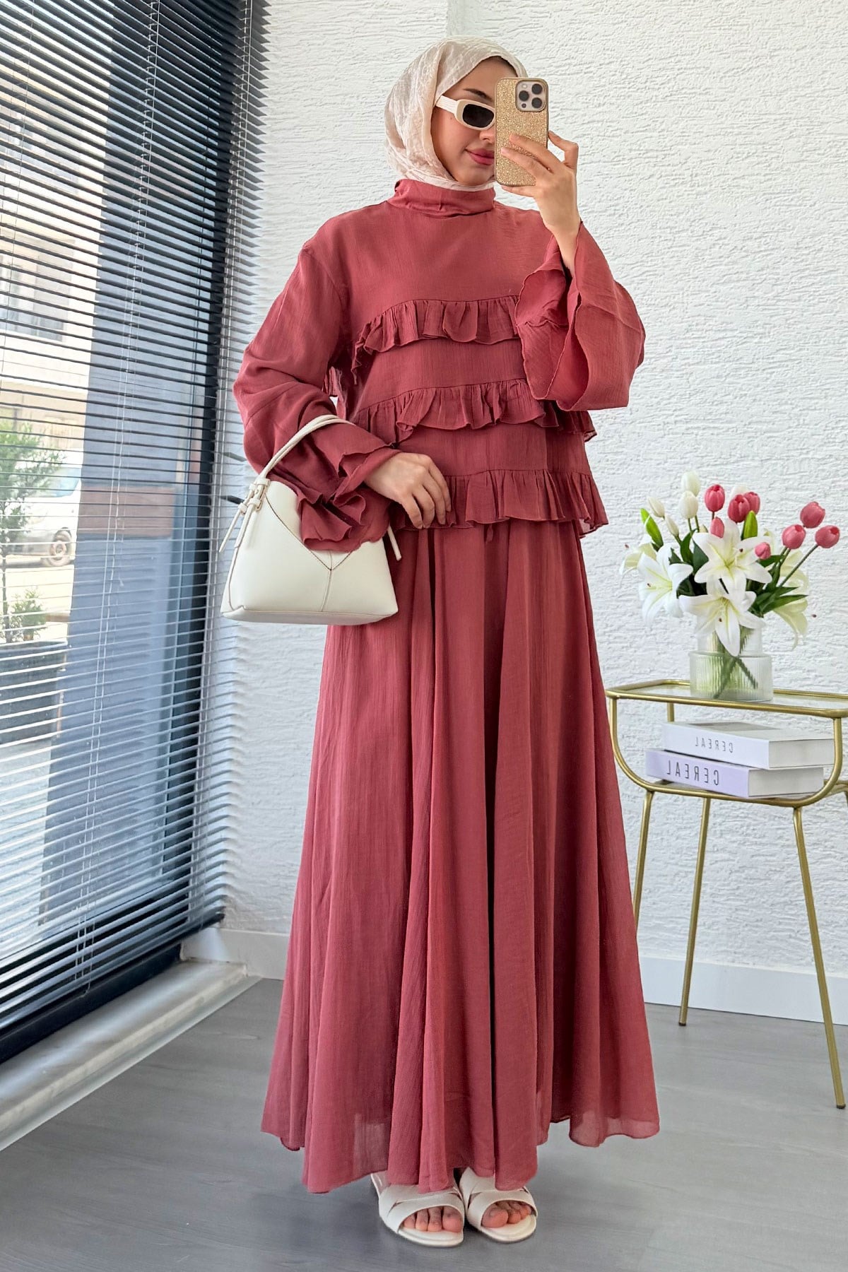 Premium Fırfır Detaylı Siena Müslin Etekli Takım - Gül Kurusu