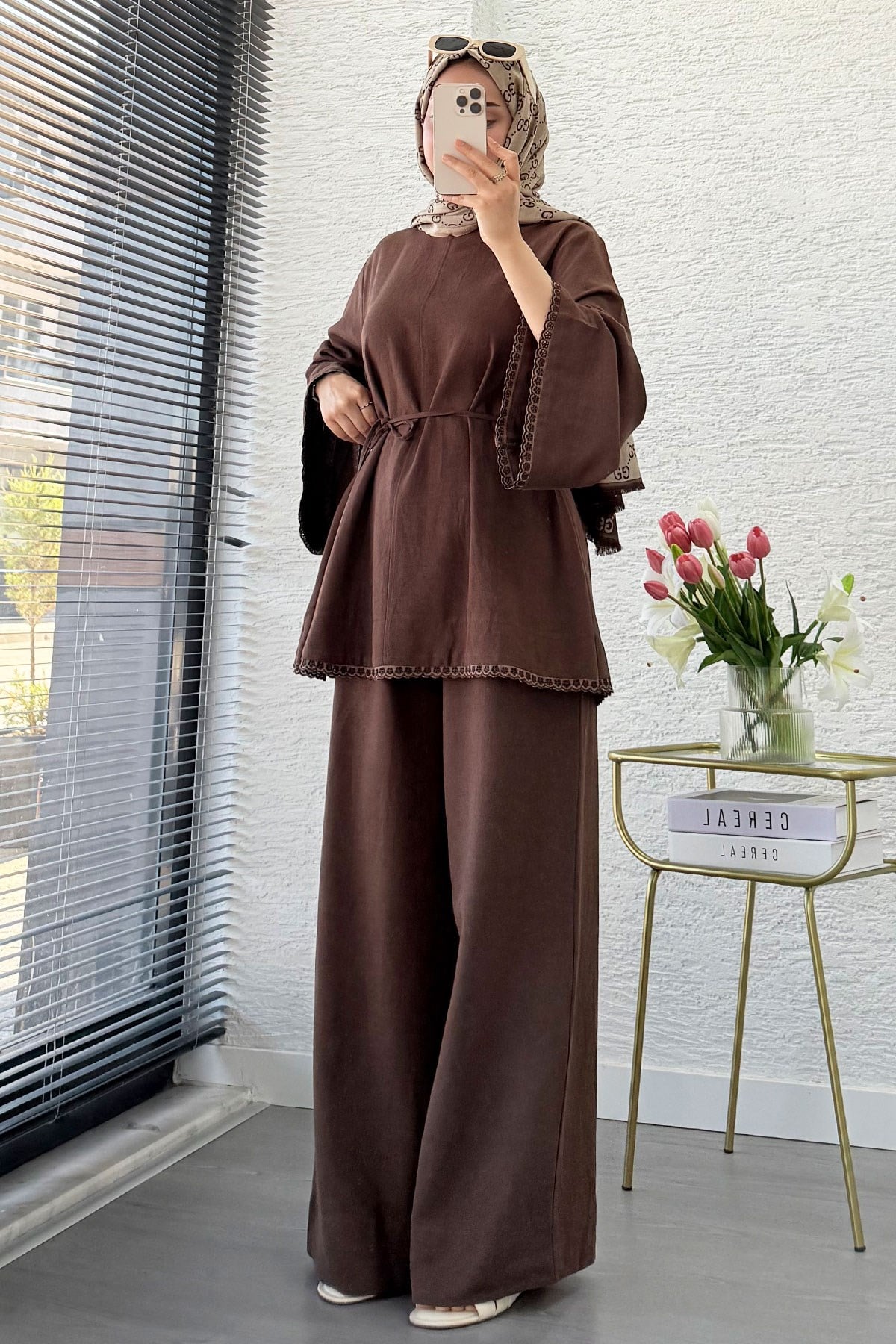 Premium Fisto Detaylı Nua Keten Pantolon Takım - Kahverengi