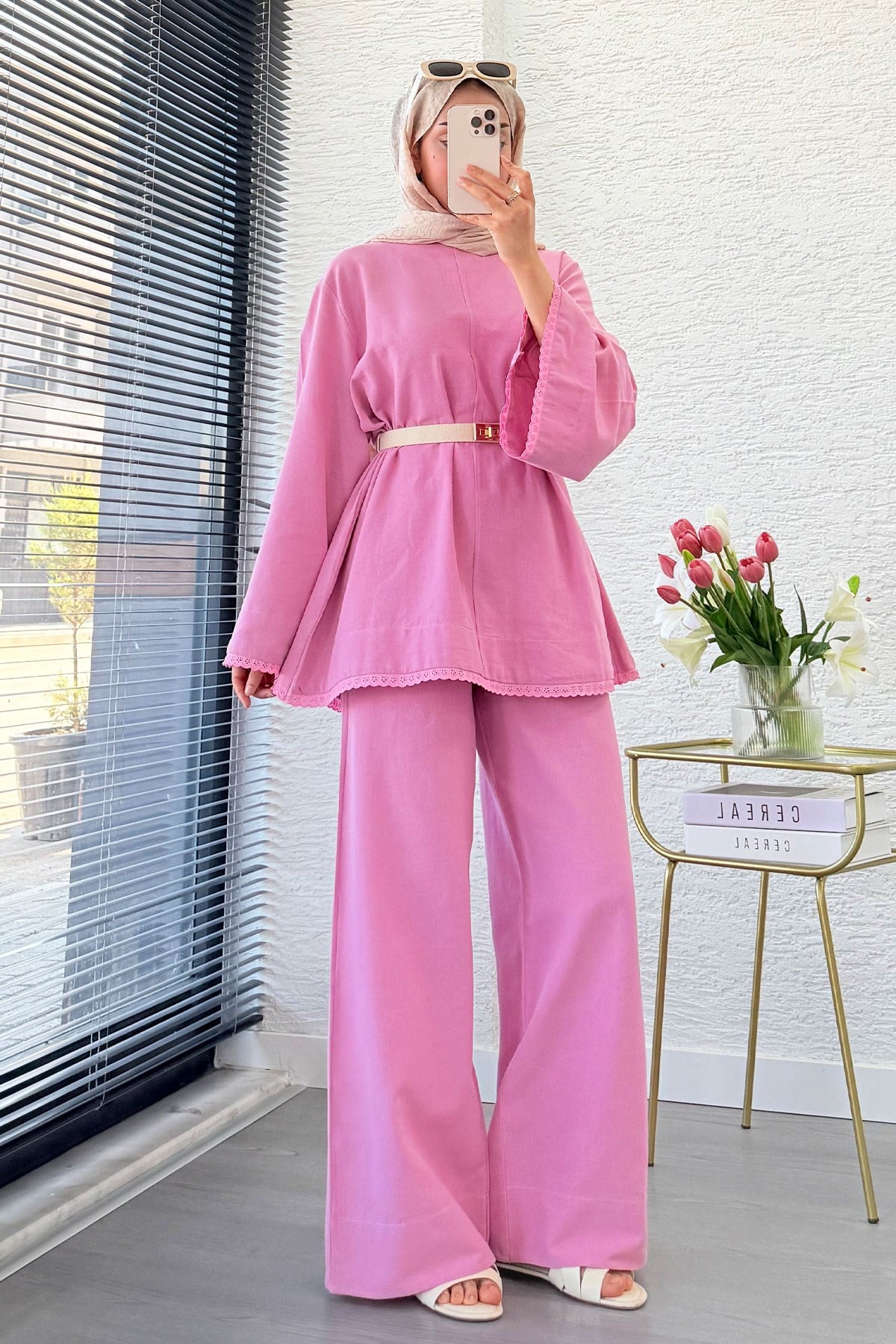 Premium Fisto Detaylı Nua Keten Pantolon Takım - Pembe