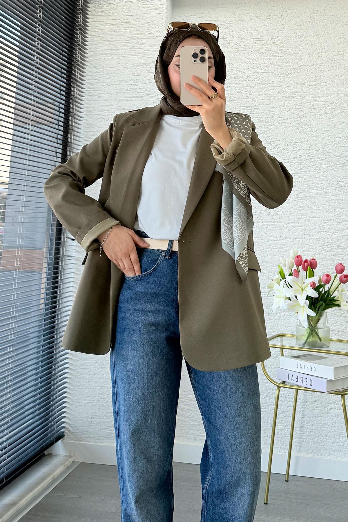 Premium Fular Detaylı Blazer Ceket – Haki 