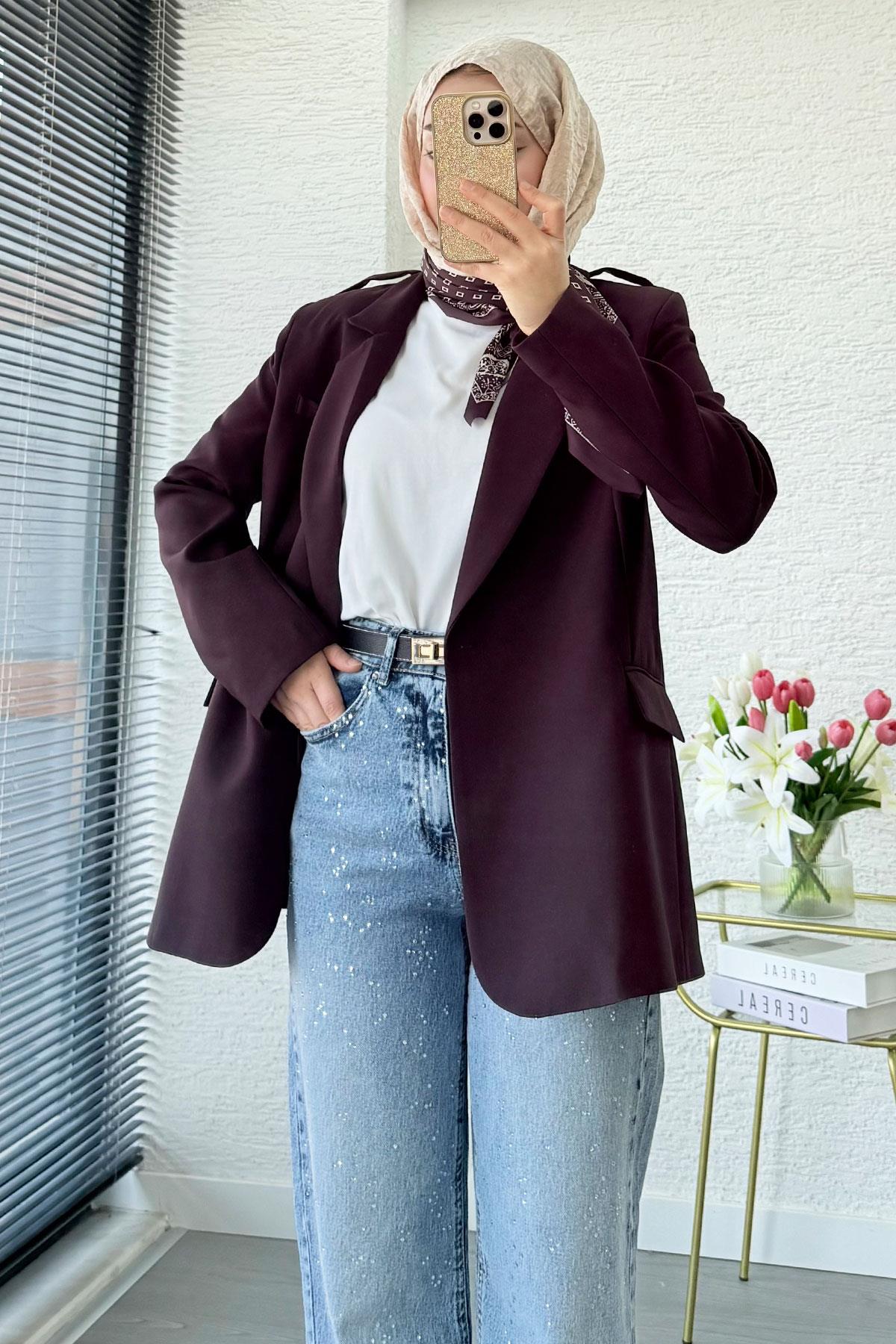 Premium Fular Detaylı Blazer Ceket – Mürdüm