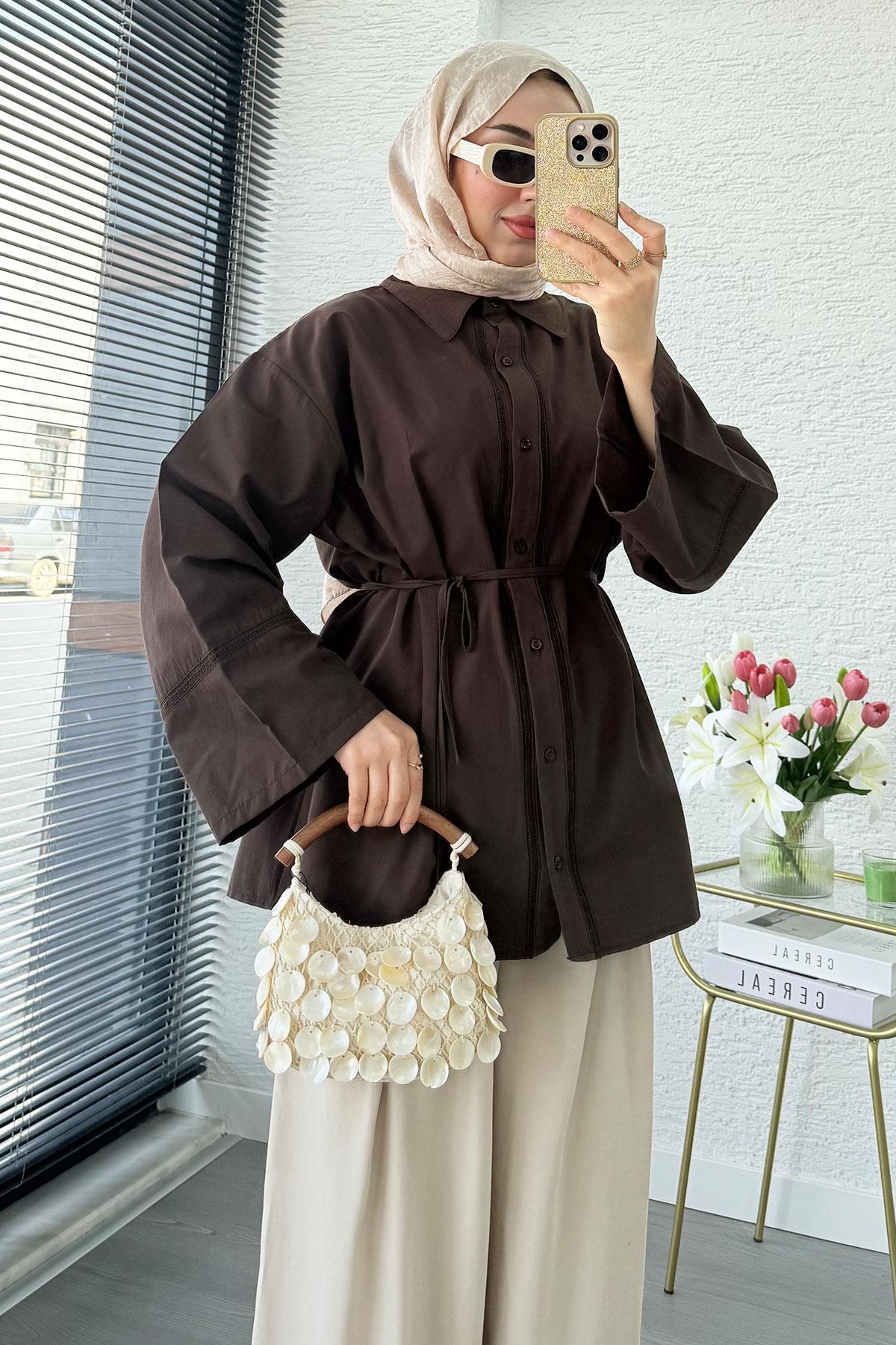 Premium Güpür Biyeli Poplin Gömlek Tunik - Kahverengi