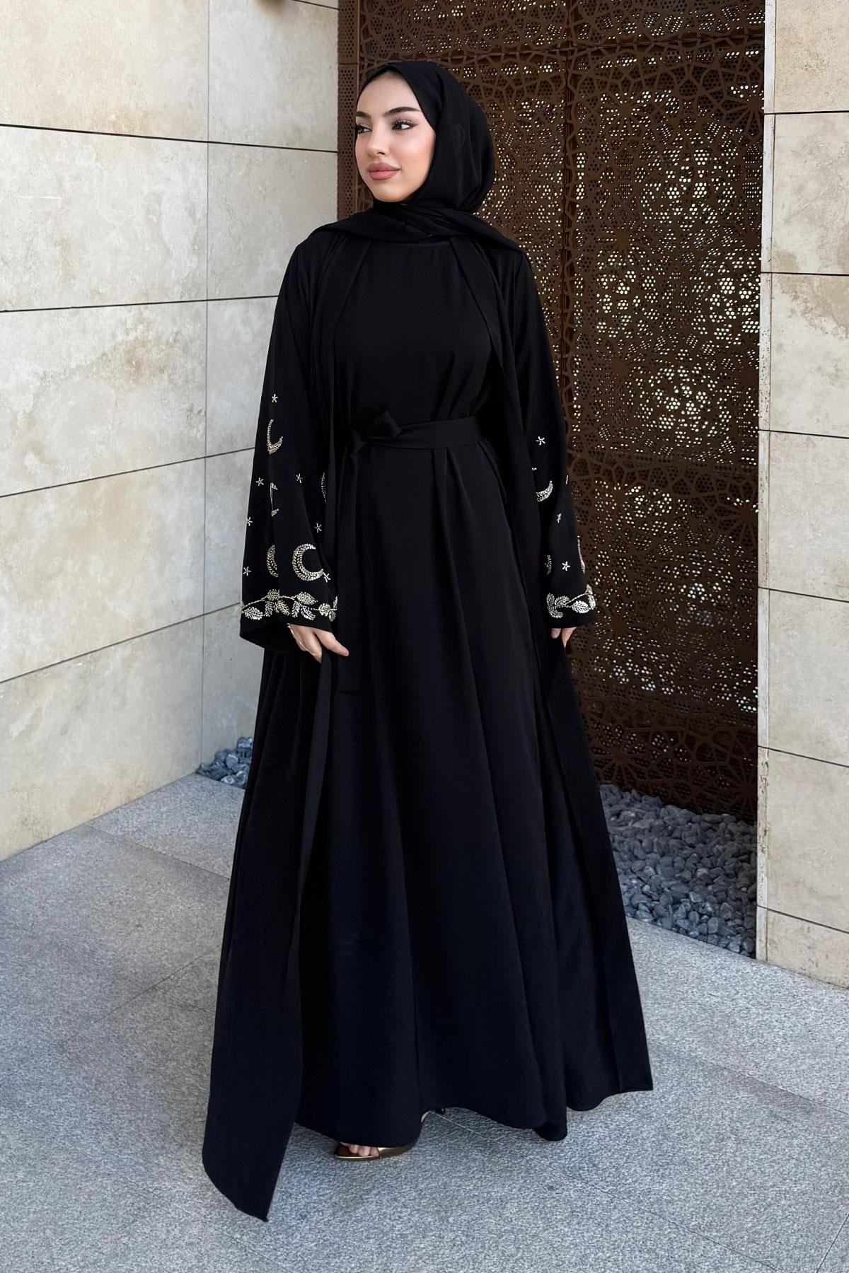 Premium İşlemeli Volan Kol Abaya Takım — Siyah