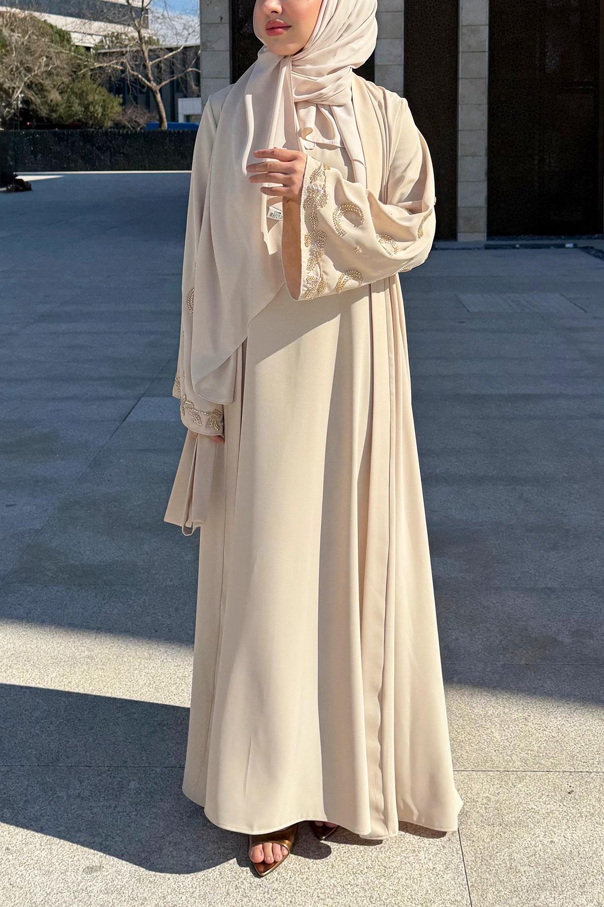 Premium İşlemeli Volan Kol Abaya Takım — Taş