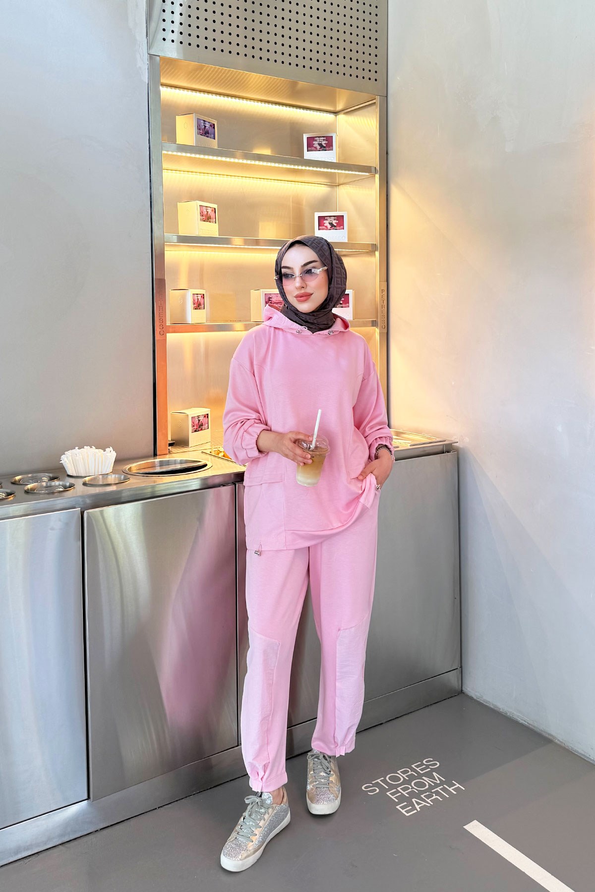 Premium Kapüşonlu Paça Pile Detay Double Face Kadın Takım - Pembe