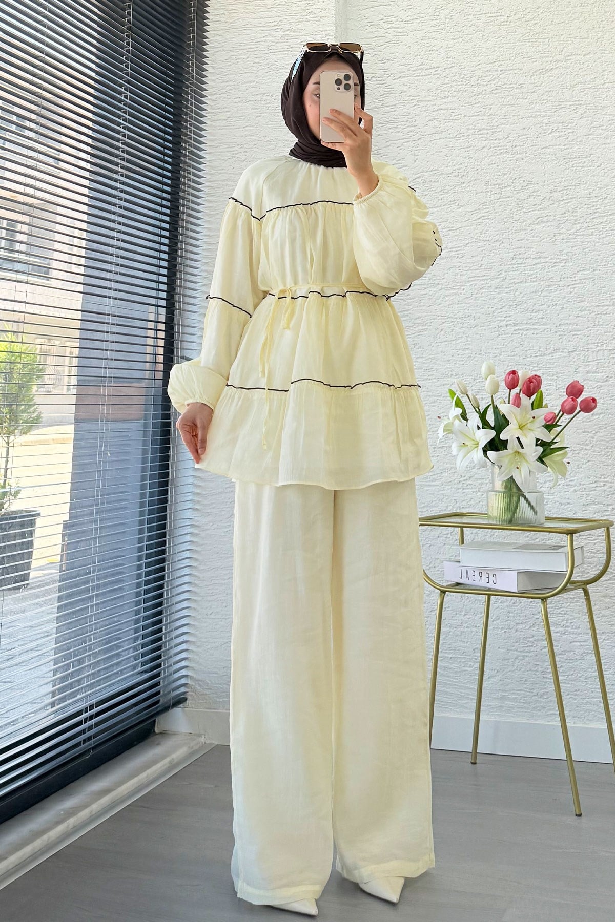 Premium Katlı Büzgü Detaylı Tül Modal Pantolon Takım - Sarı