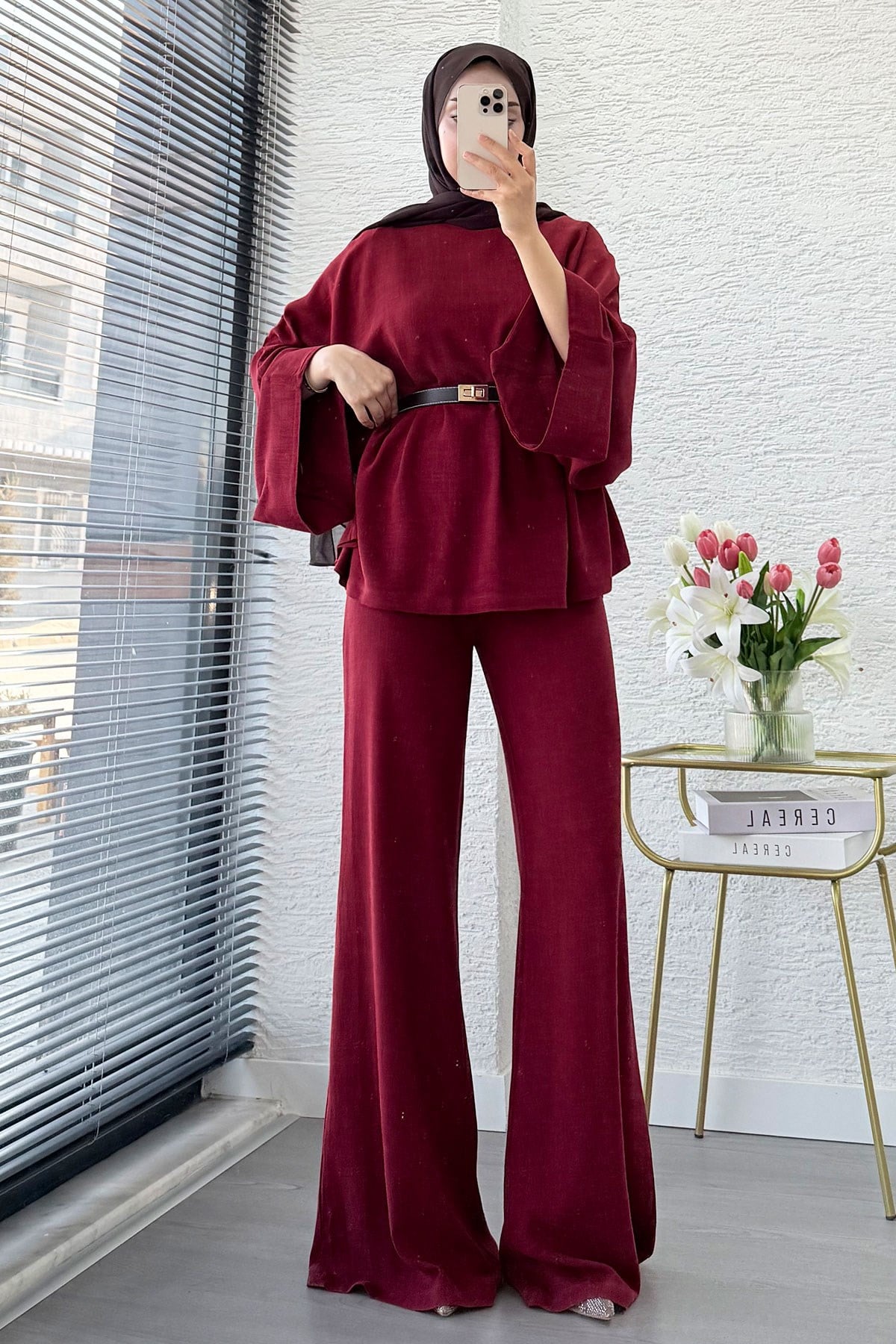 Premium Kayık Yaka İspanyol Paça Keten Pantolon Takım - Bordo