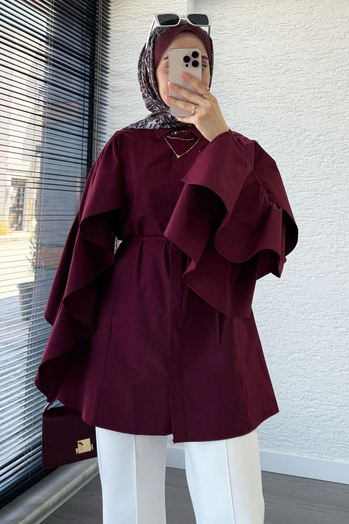 Premium Kol Volanlı Poplin Tunik – Bordo