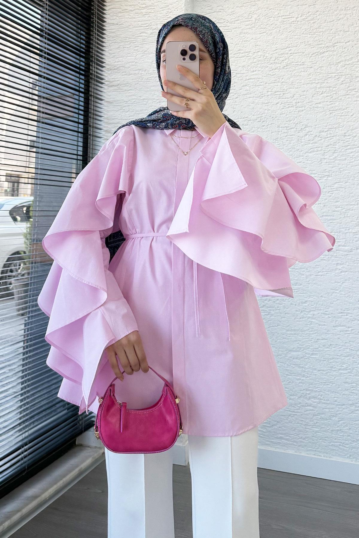 Premium Kol Volanlı Poplin Tunik – Pembe