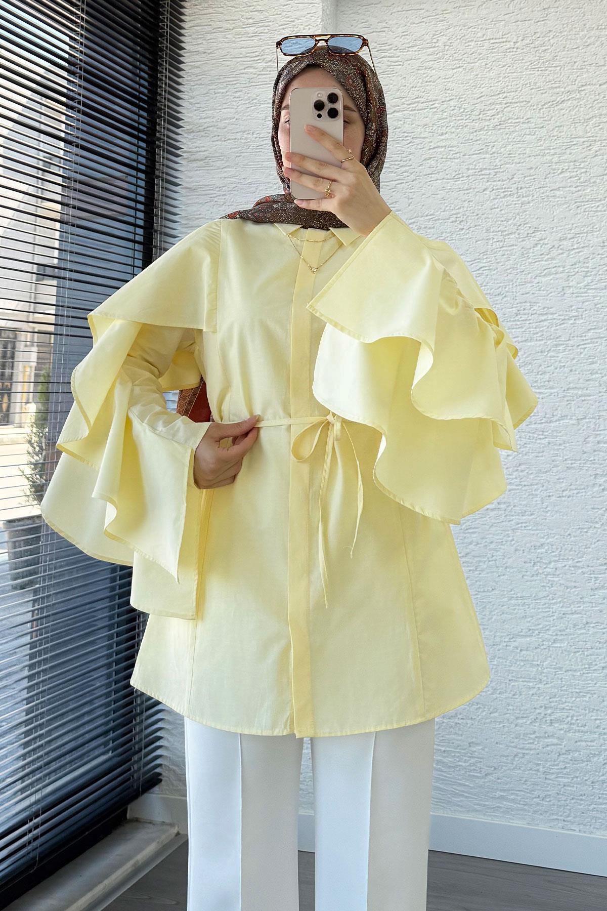 Premium Kol Volanlı Poplin Tunik – Sarı