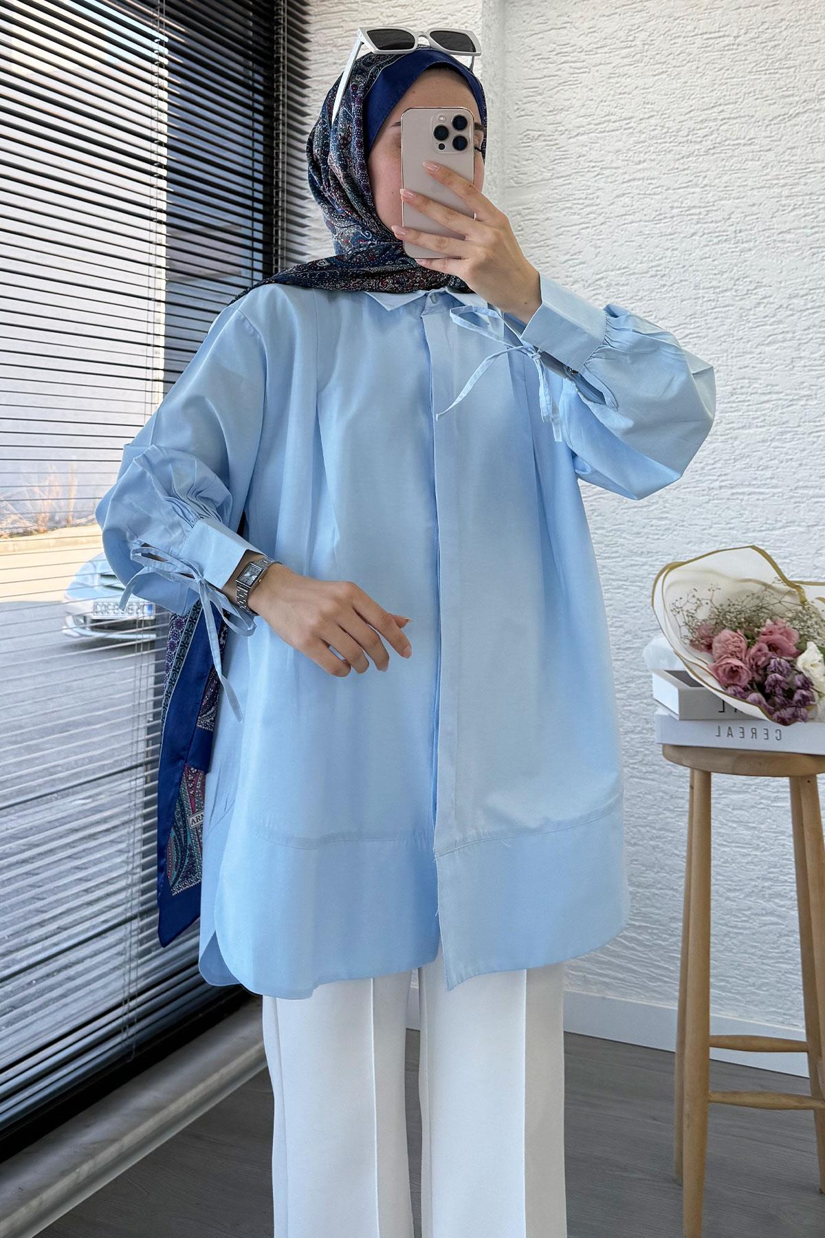 Premium Kolu Bağlamalı Pensli Poplin Tunik - Mavi