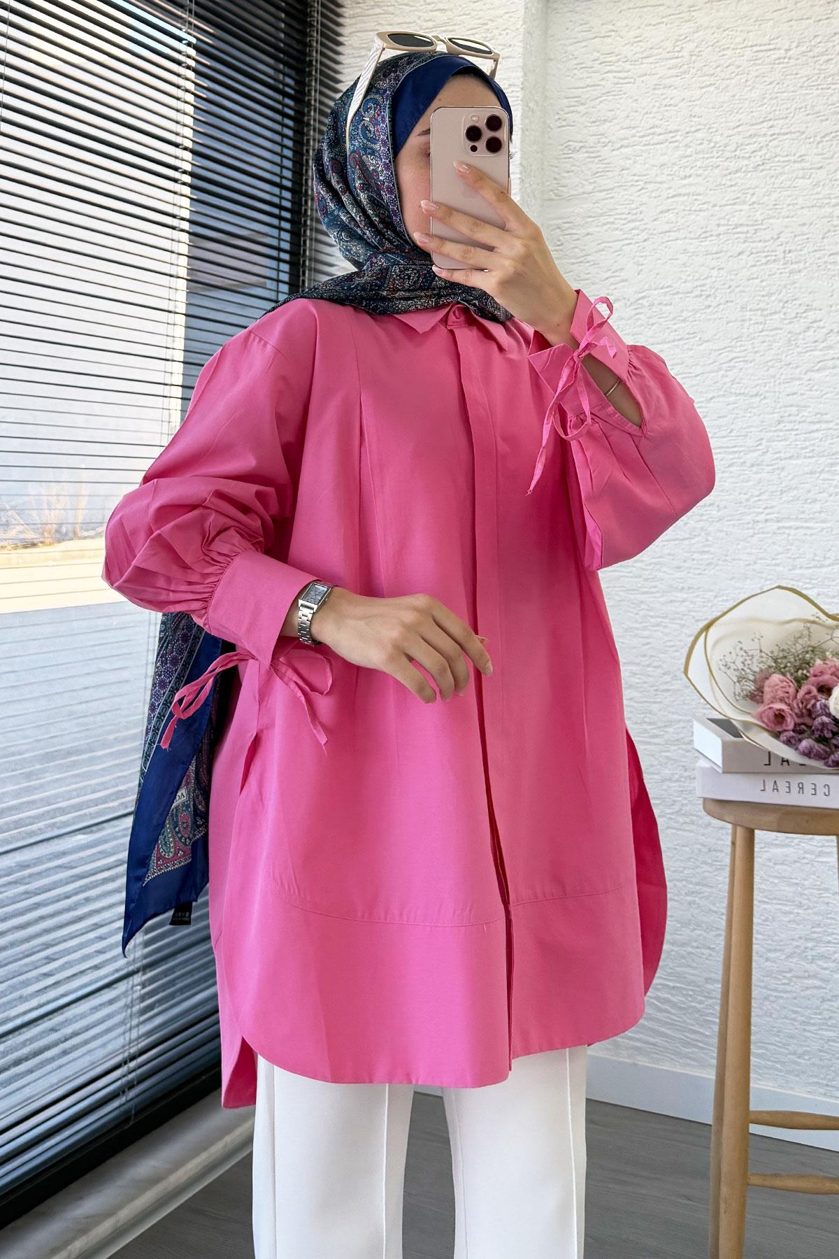Premium Kolu Bağlamalı Pensli Poplin Tunik - Pembe