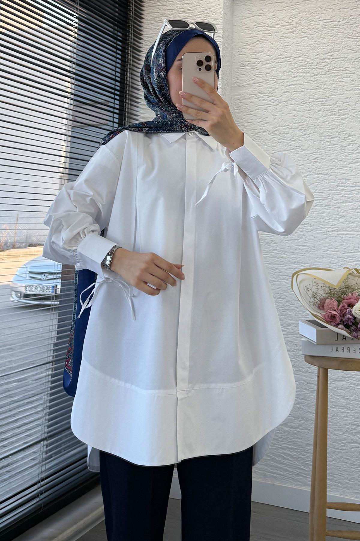 Premium Kolu Bağlamalı Pensli Poplin Tunik - Beyaz