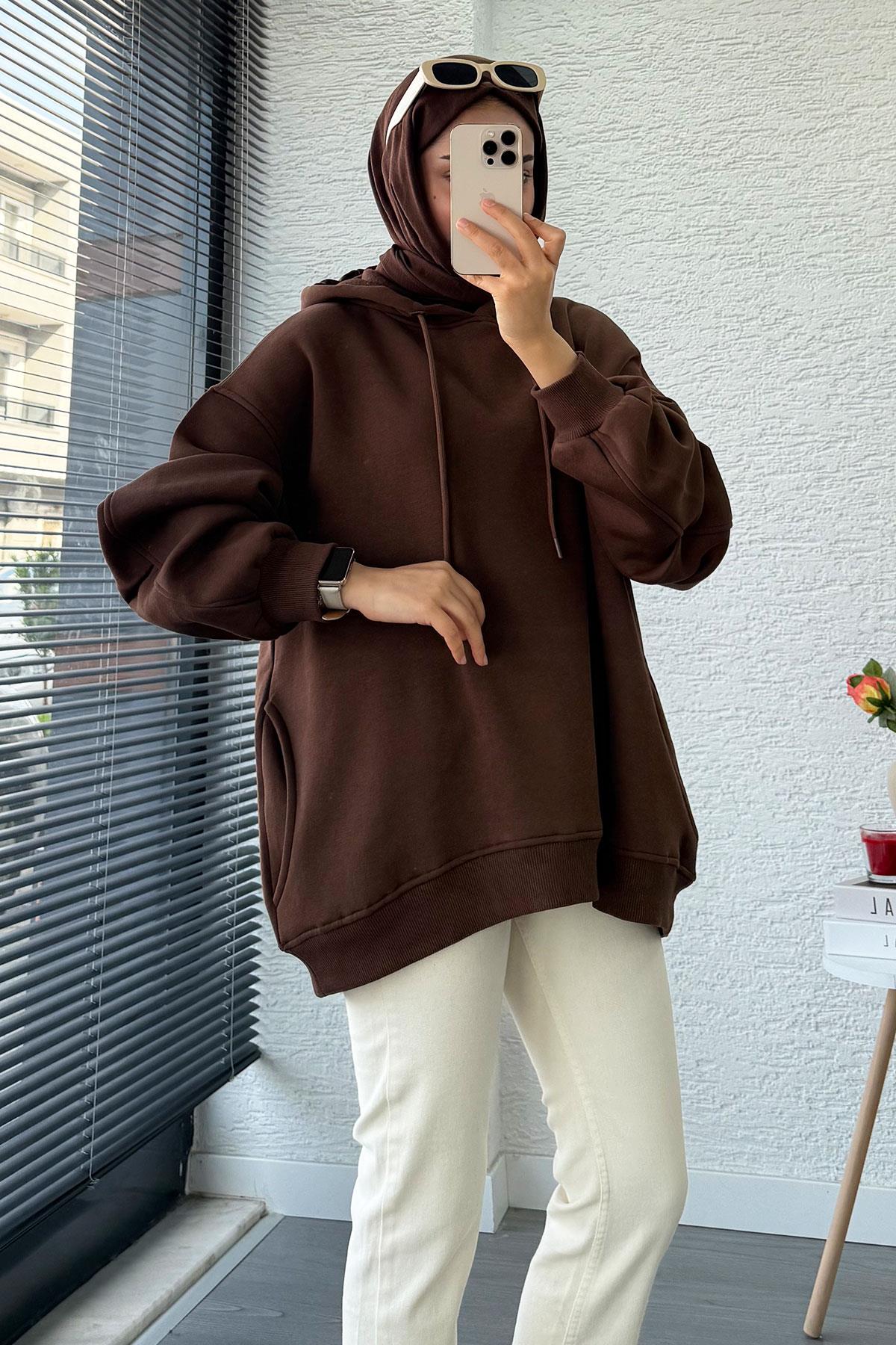 Premium Kolu Pilise Detaylı Oversize Kadın Sweat – Kahverengi