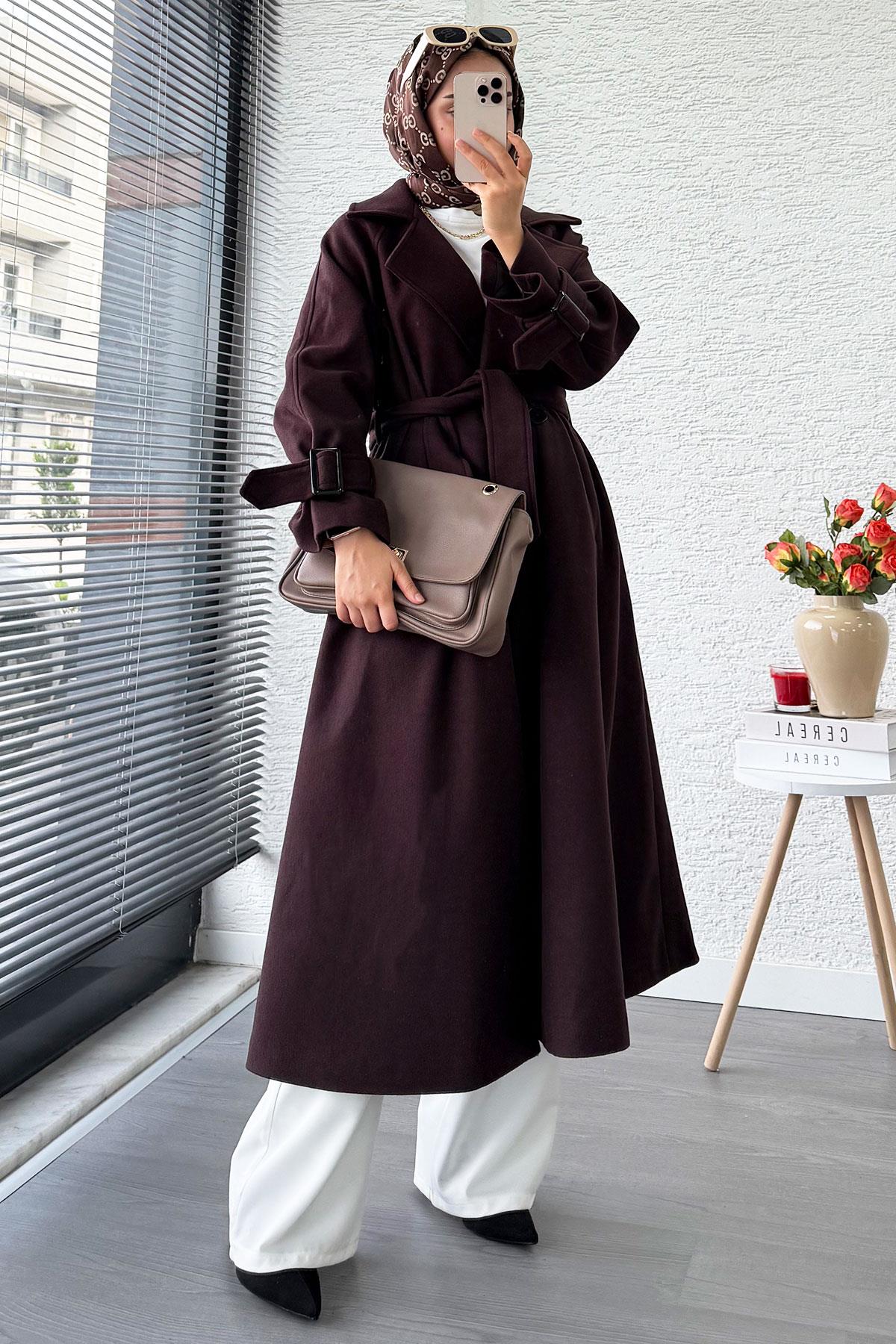 Premium Kolu Tokalı Oversize Eva Kaşe Kaban – Kızıl Kahve