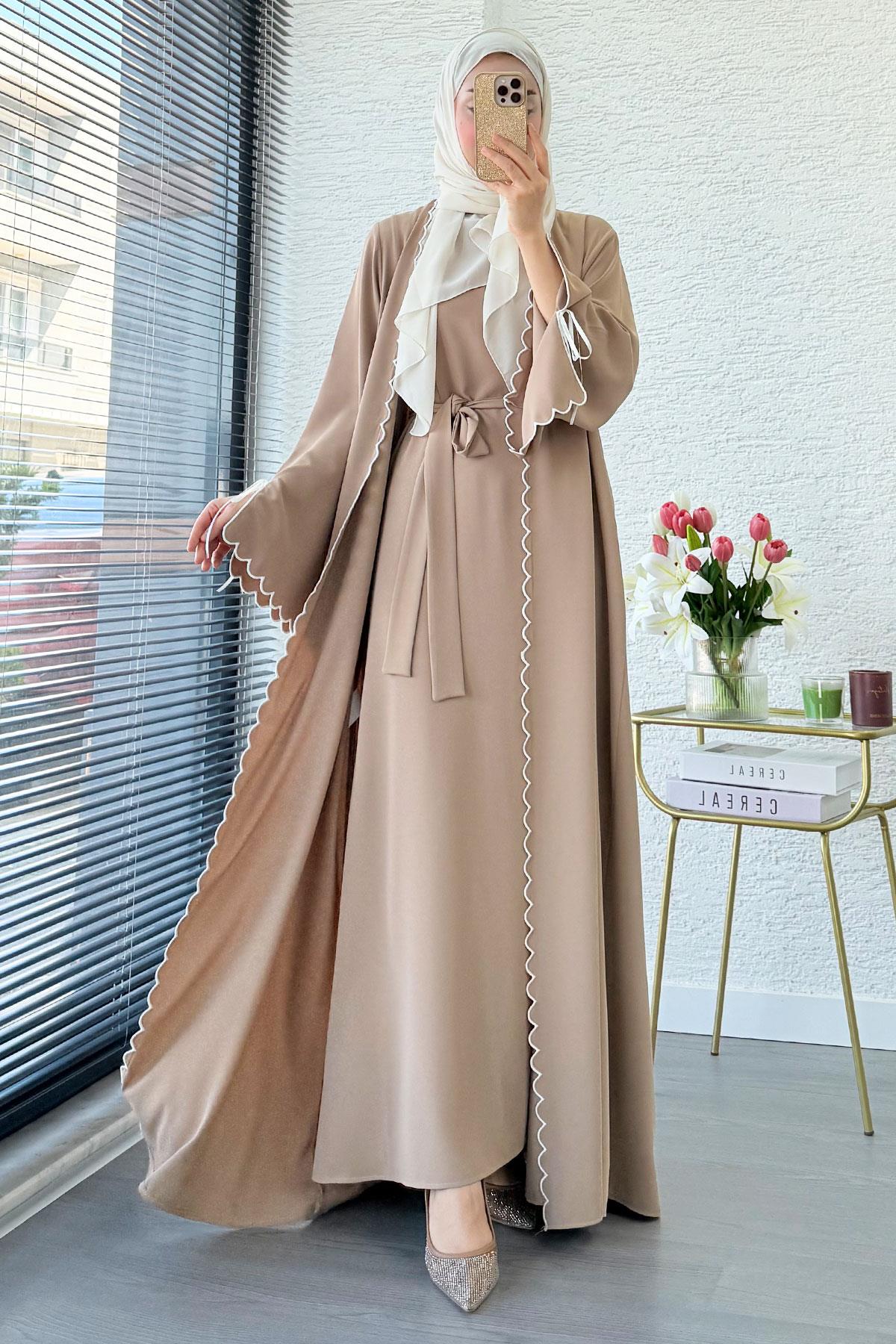 Premium Lazer Kesim Detaylı Aura İkili Abaya Takım — Vizon