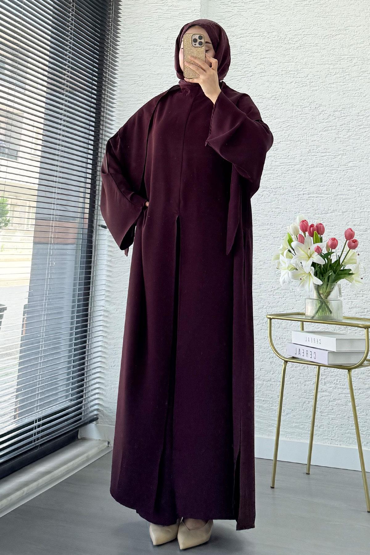 Premium Miel Yırtmaçlı Üçlü Takım – Mürdüm
