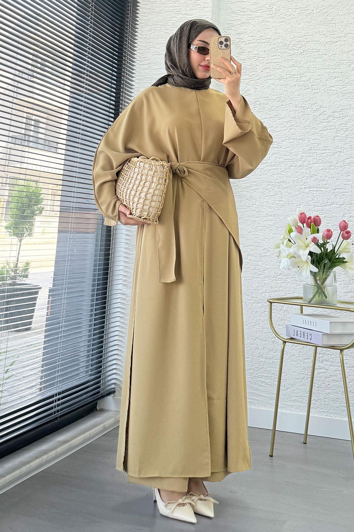 Premium Miel Yırtmaçlı Üçlü Takım – Olive