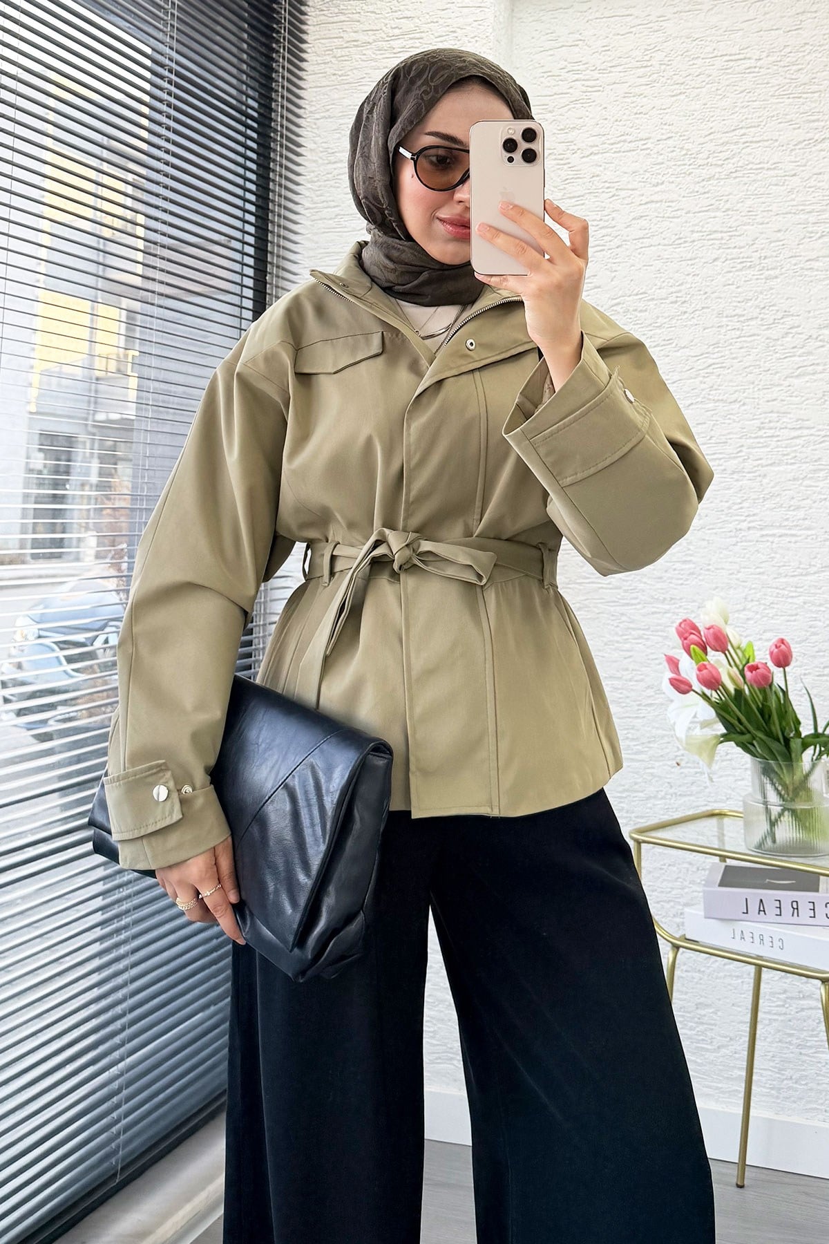 Premıum Mngo Model Dik Yaka Kemerli Ceket - Haki