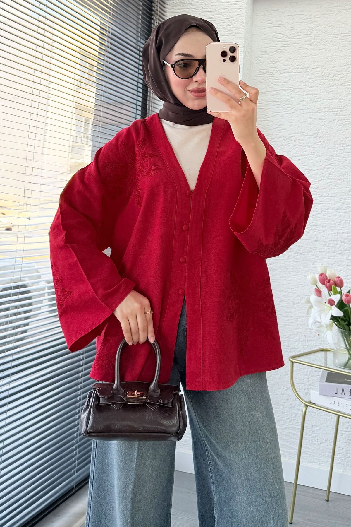 Premıum Nakış İşlemeli V Yaka Keten Kimono - Kırmızı