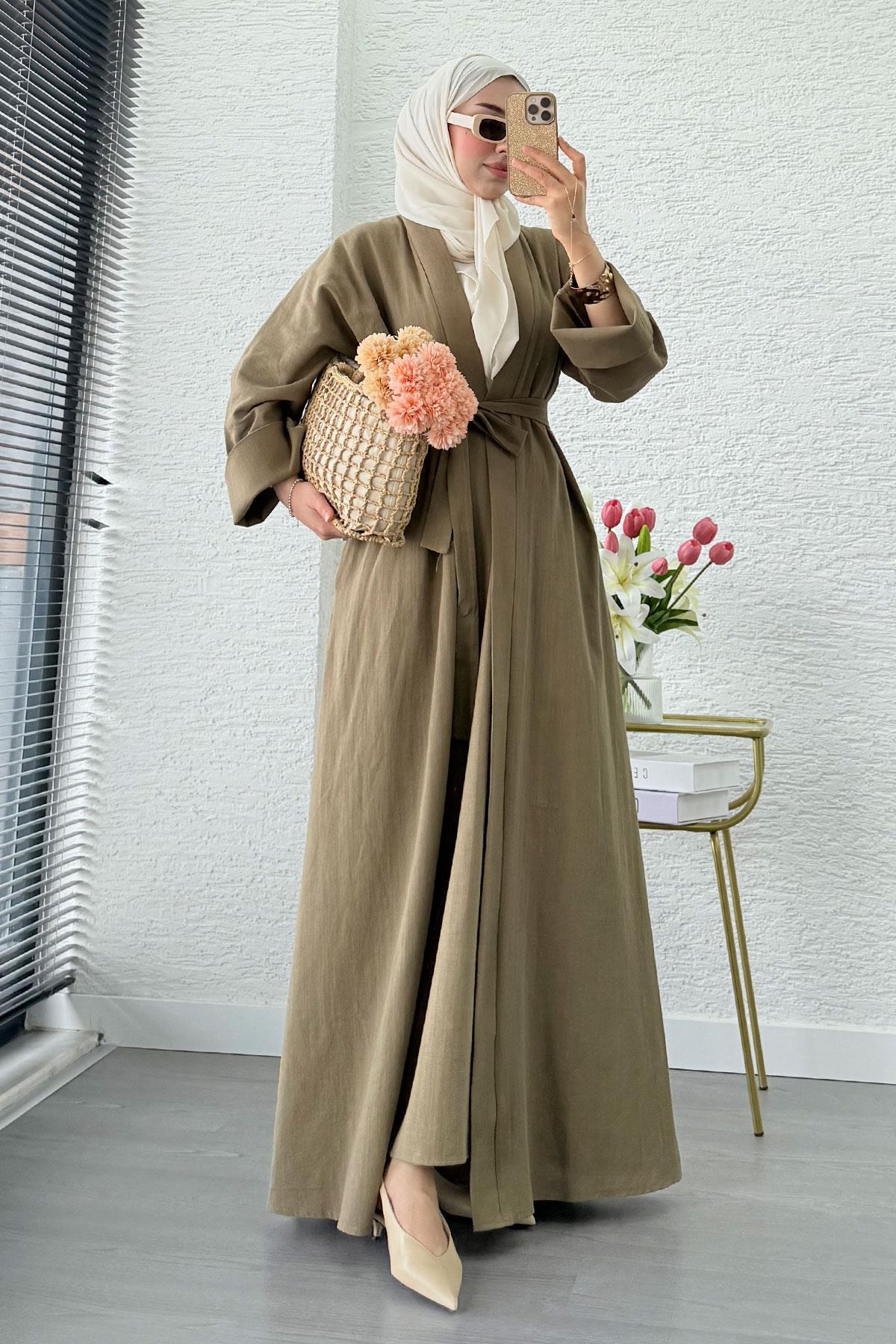 Premium Natural Aysha Keten Abaya Takım – Haki
