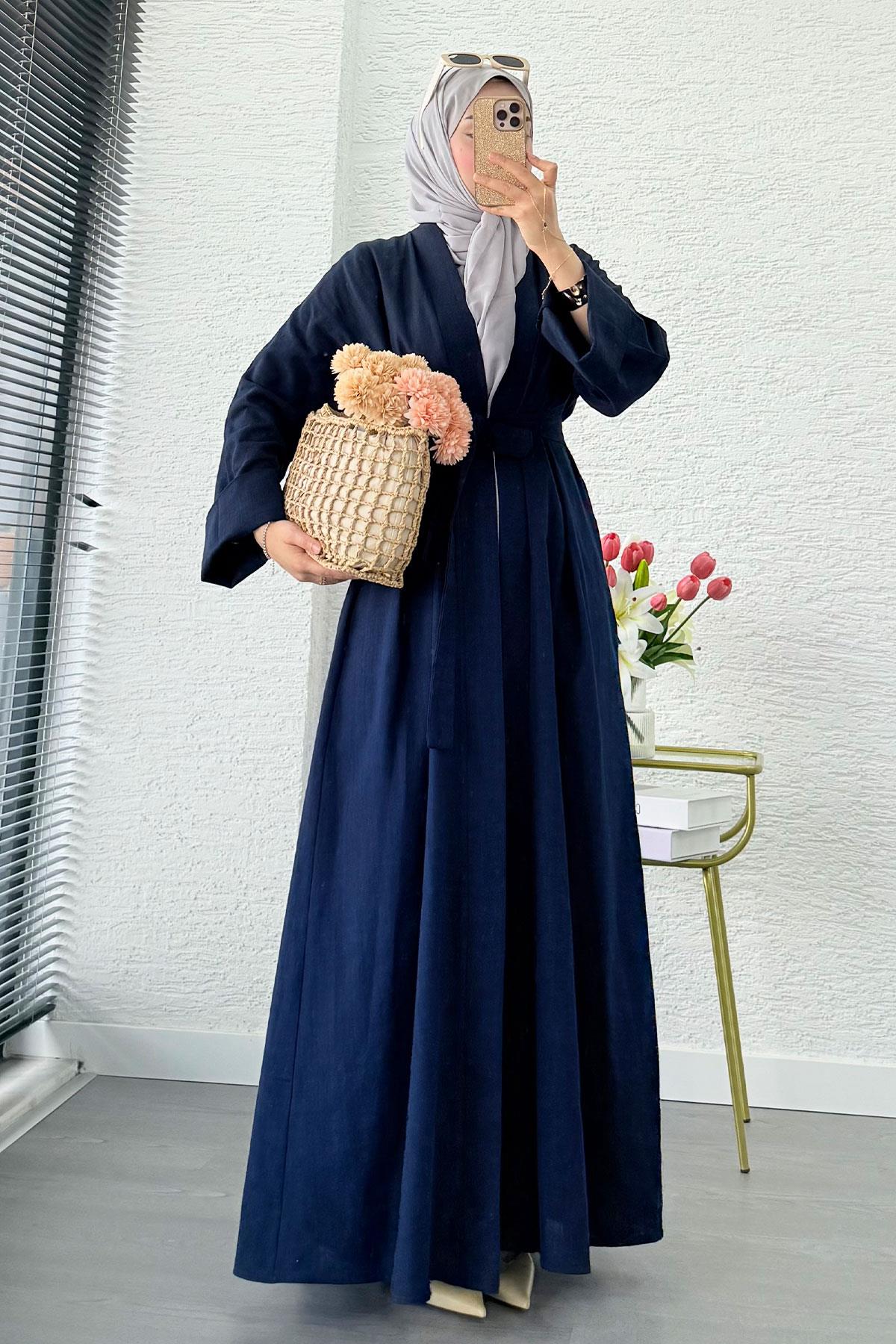 Premium Natural Aysha Keten Abaya Takım – Lacivert