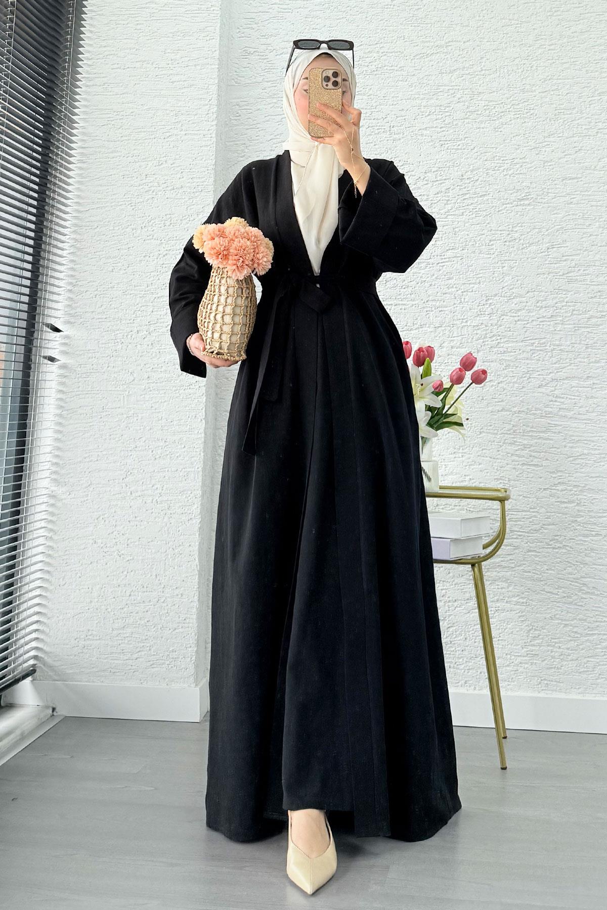 Premium Natural Aysha Keten Abaya Takım – Siyah