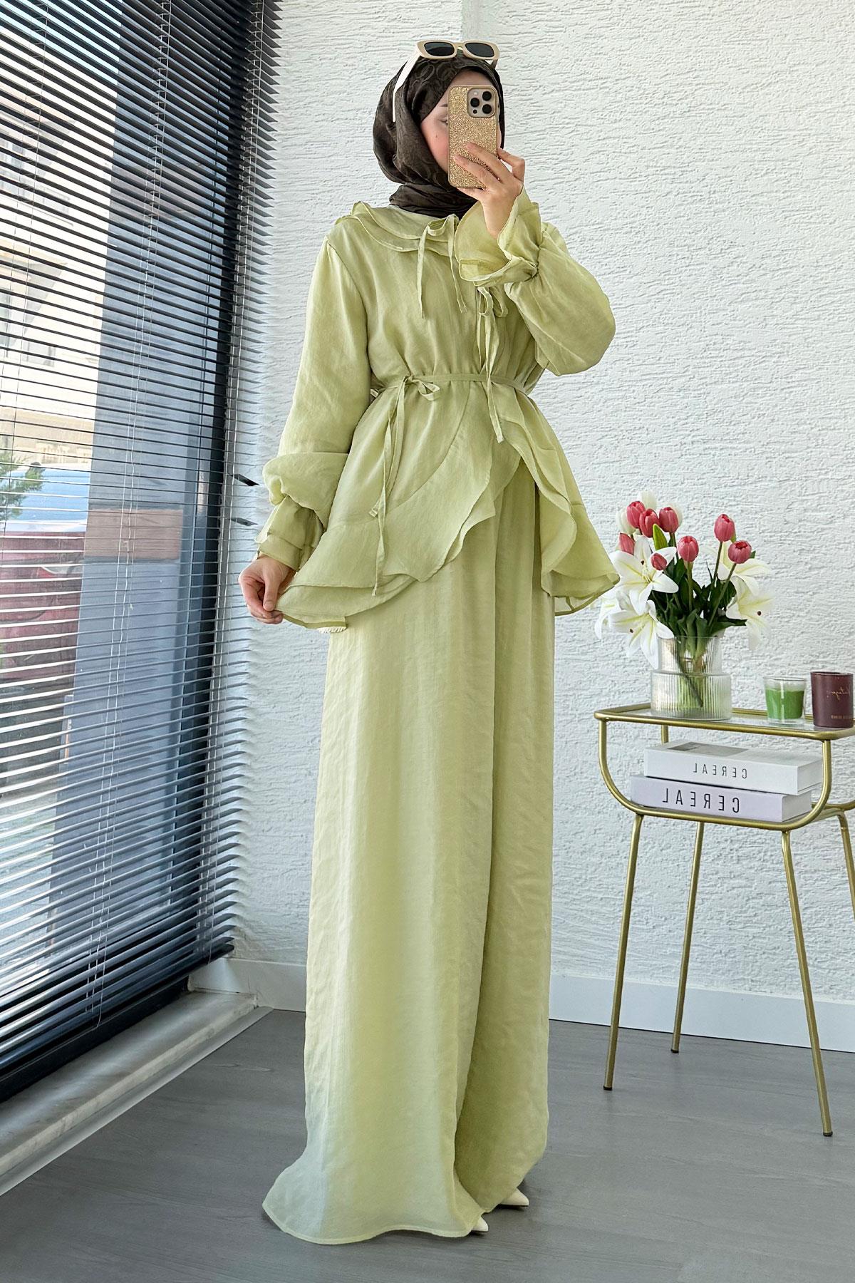 Premıum Önden Bağlama Detaylı Organze Pantolon Takım - Olive