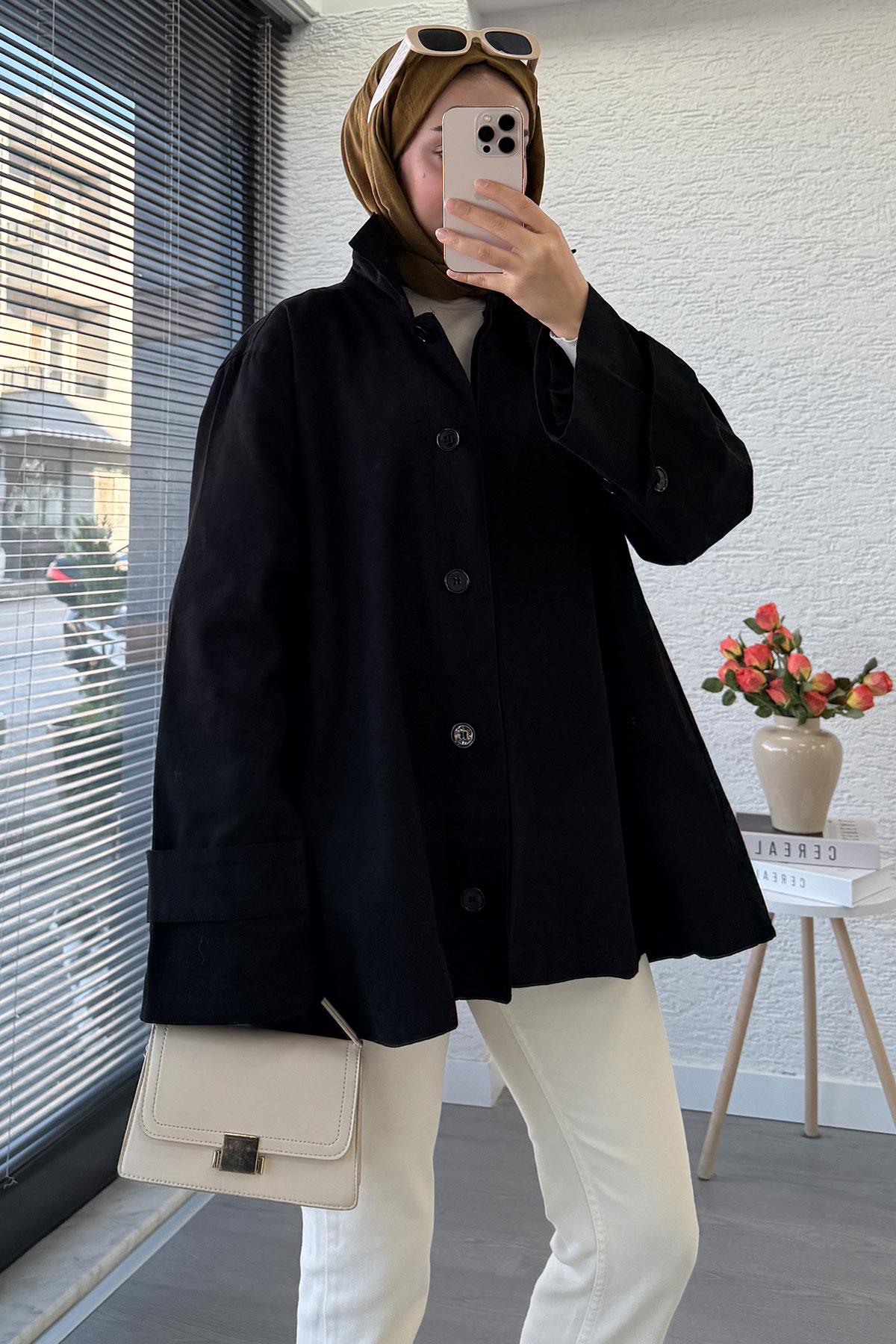 Premium Önü Düğmeli Oversize Gabardin Kaban – Siyah