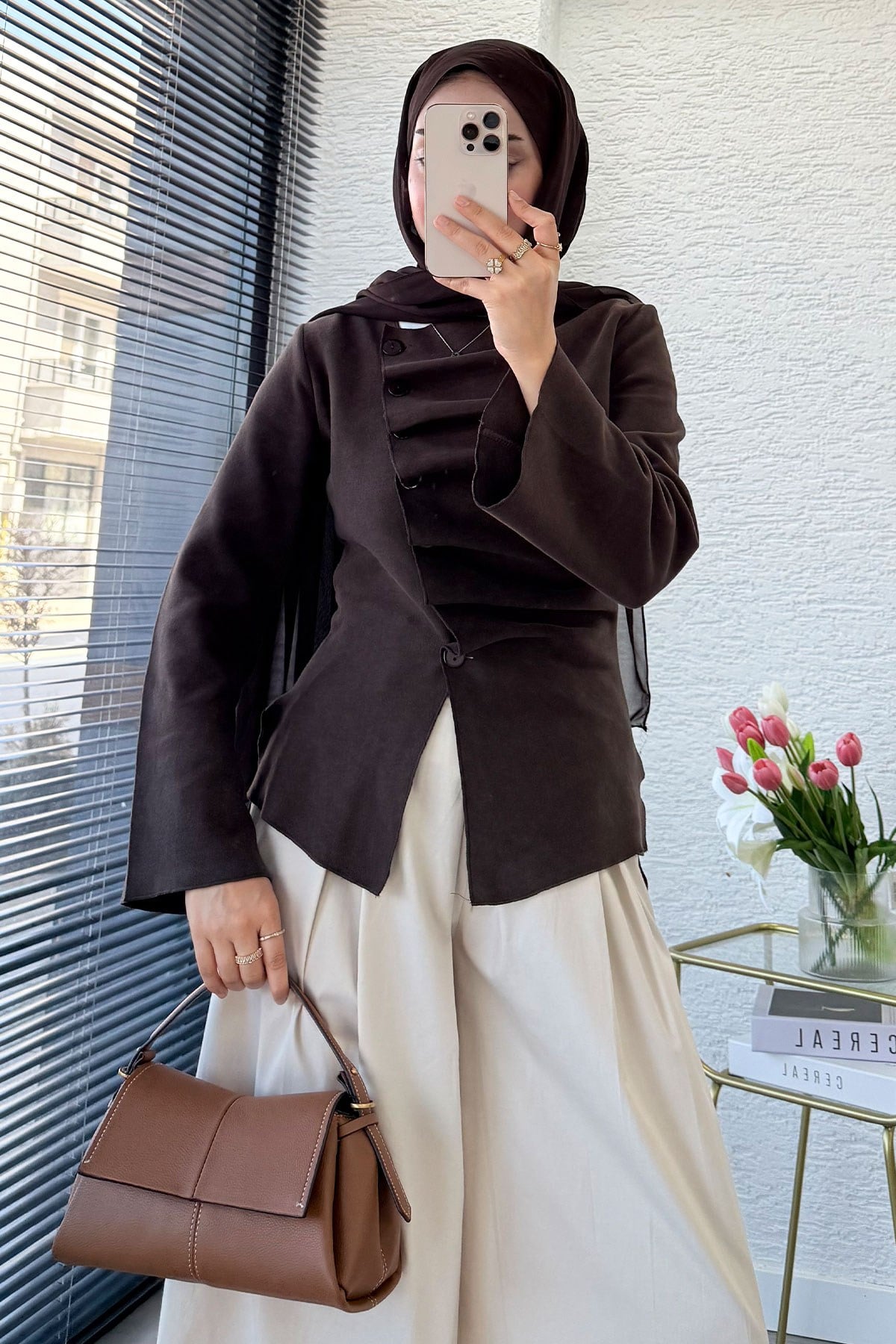 Premıum Önü Düğmeli Selanik Bluz Hırka - Kahverengi