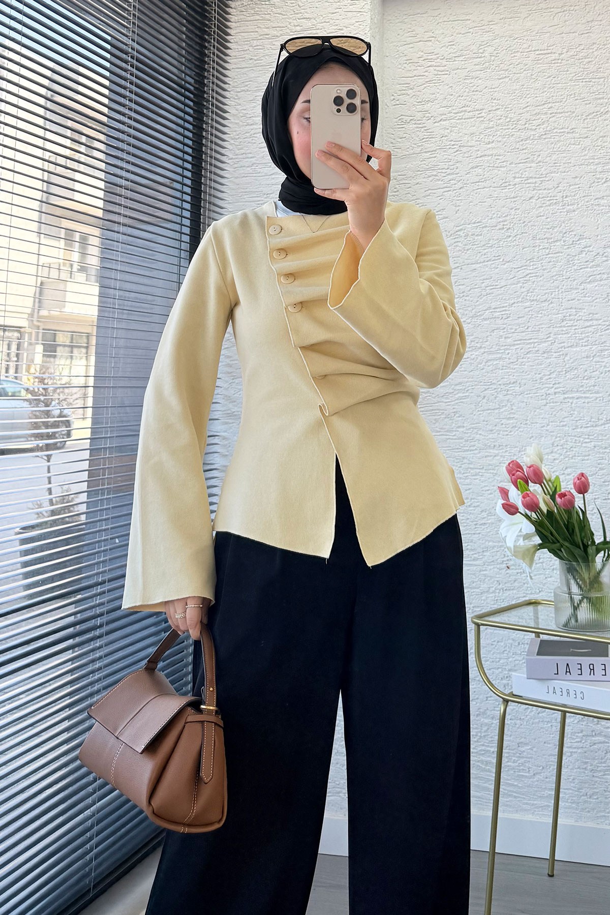 Premıum Önü Düğmeli Selanik Bluz Hırka - Sarı