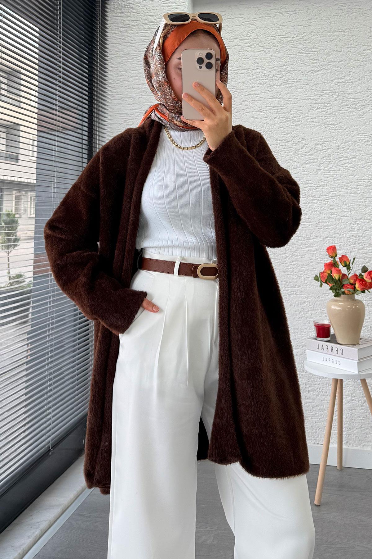 Premium Önü Katlı Yumoş Kadın Hırka – Kahverengi