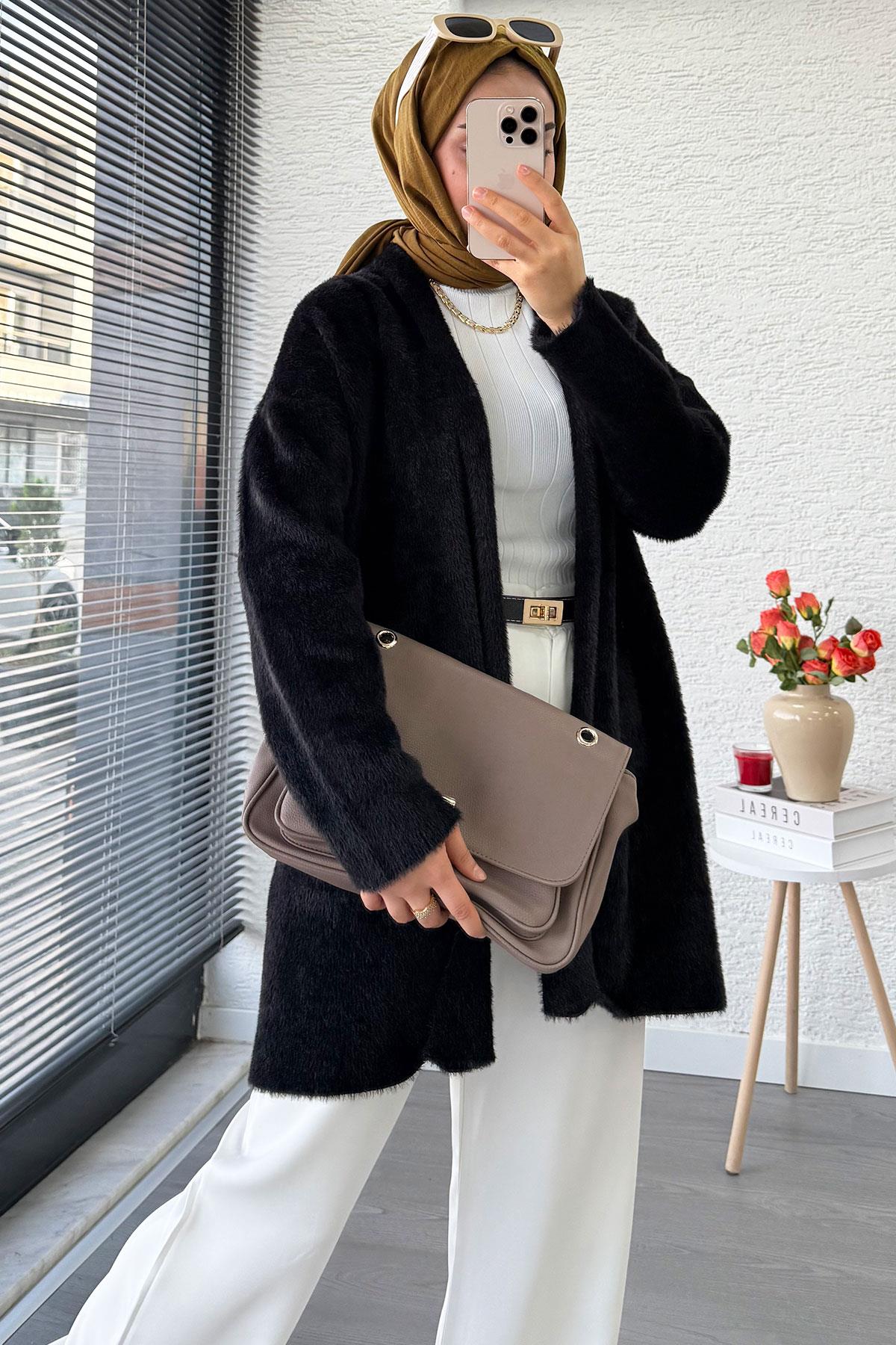 Premium Önü Katlı Yumoş Kadın Hırka – Siyah