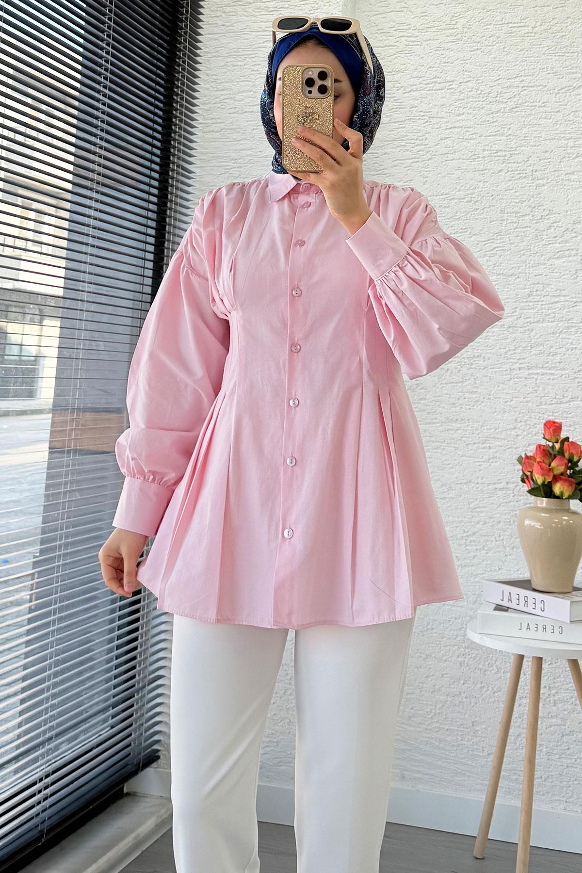 Premium Önü ve Arkası Pens Detaylı Poplin Gömlek Tunik — Pembe