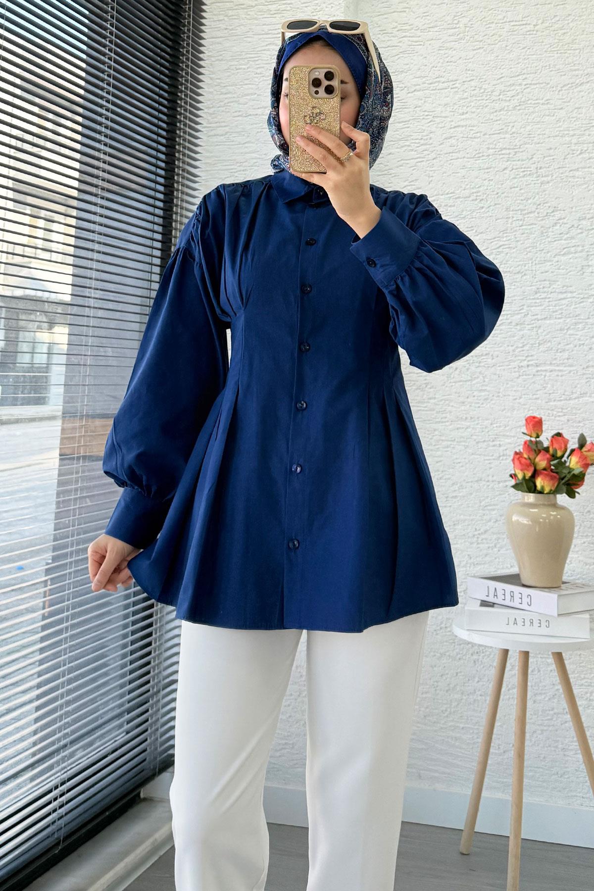 Premium Önü ve Arkası Pens Detaylı Poplin Gömlek Tunik — Lacivert